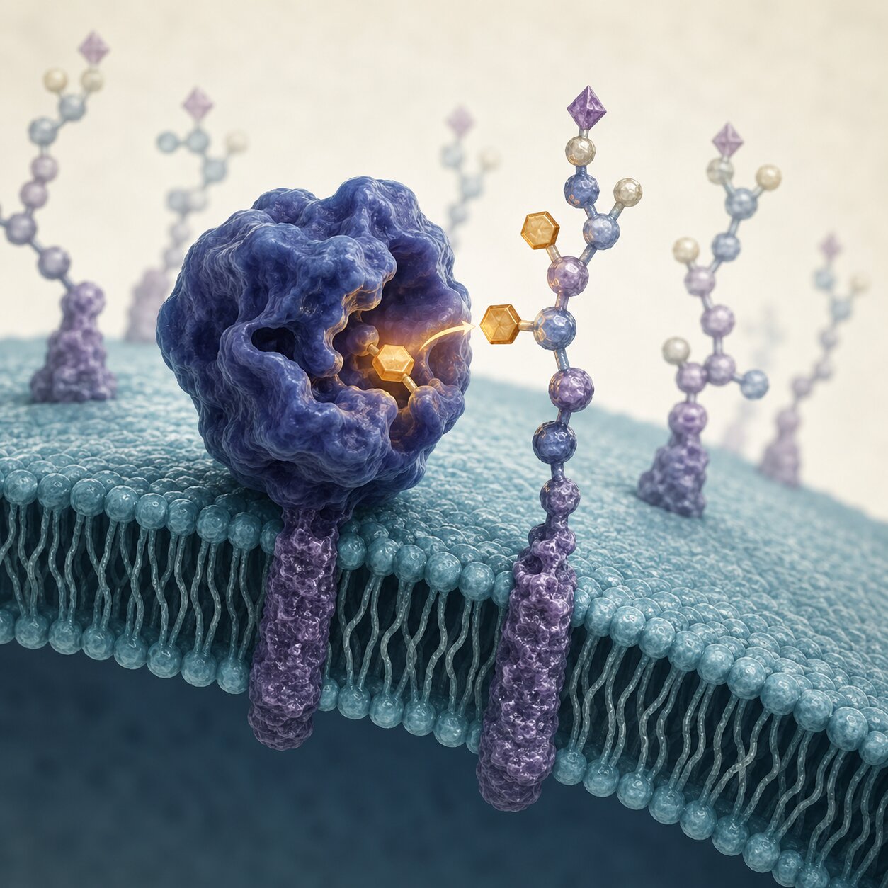 Scientific illustration of a fucosyltransferase enzyme building the sialyl-Lewis antigen on a cell surface