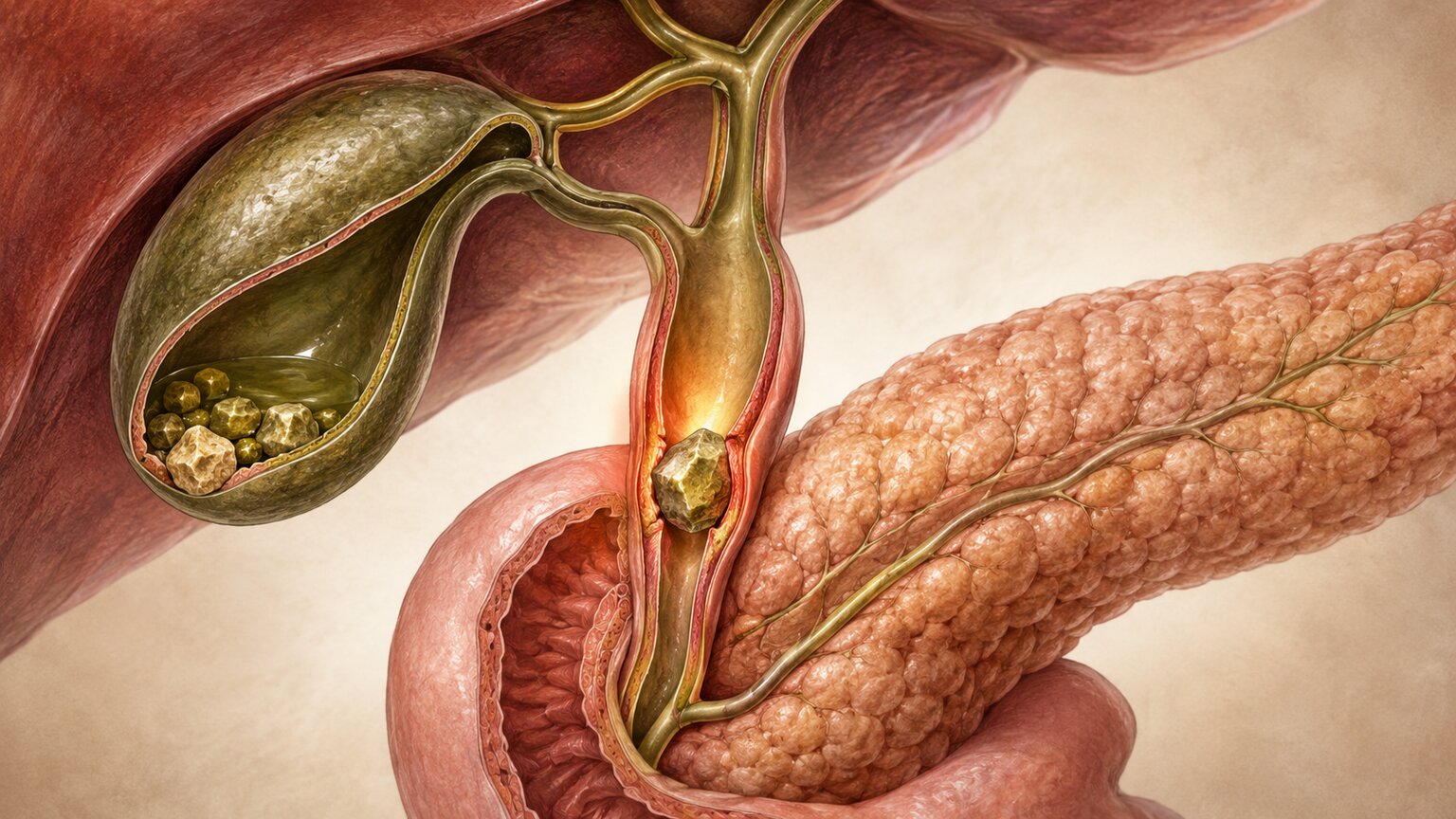 Medical illustration of a gallstone lodged in the bile duct beside the pancreas, causing obstruction