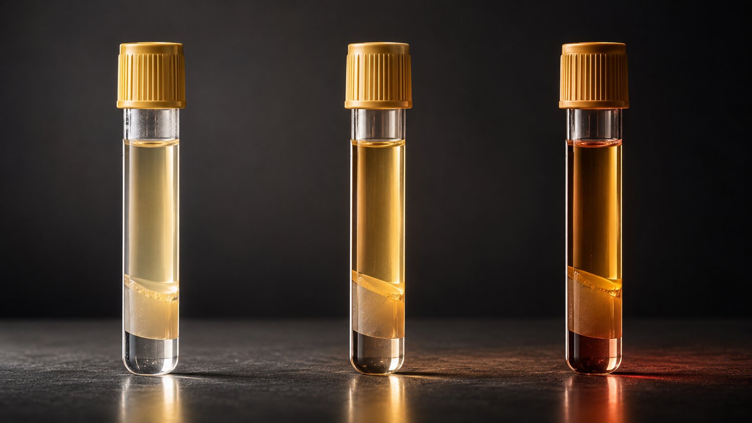 Three blood serum tubes under lab light representing mildly, moderately, and markedly elevated CA 19-9 results