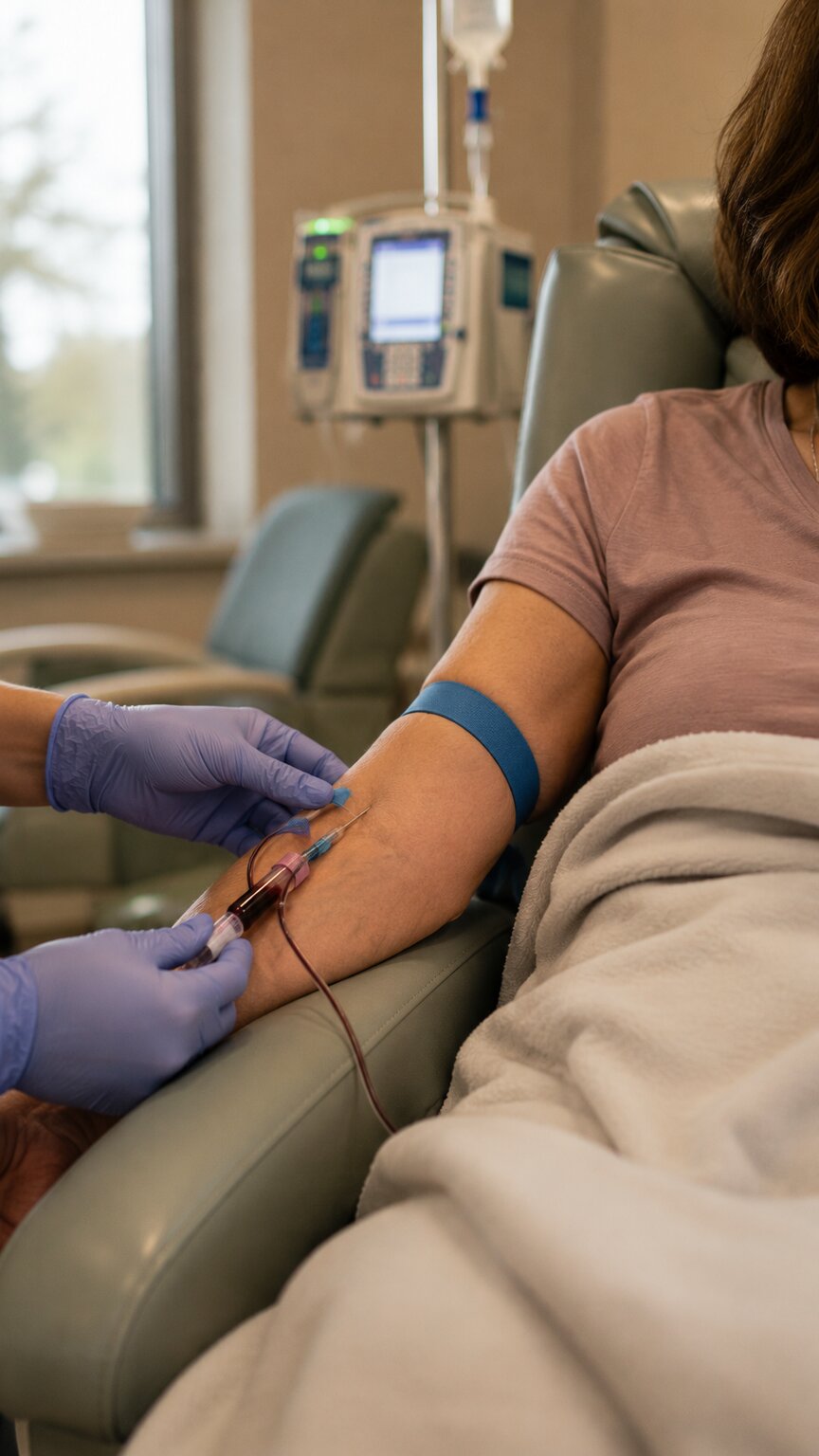 Nurse drawing blood from a patient's arm in an oncology infusion chair during cancer treatment monitoring