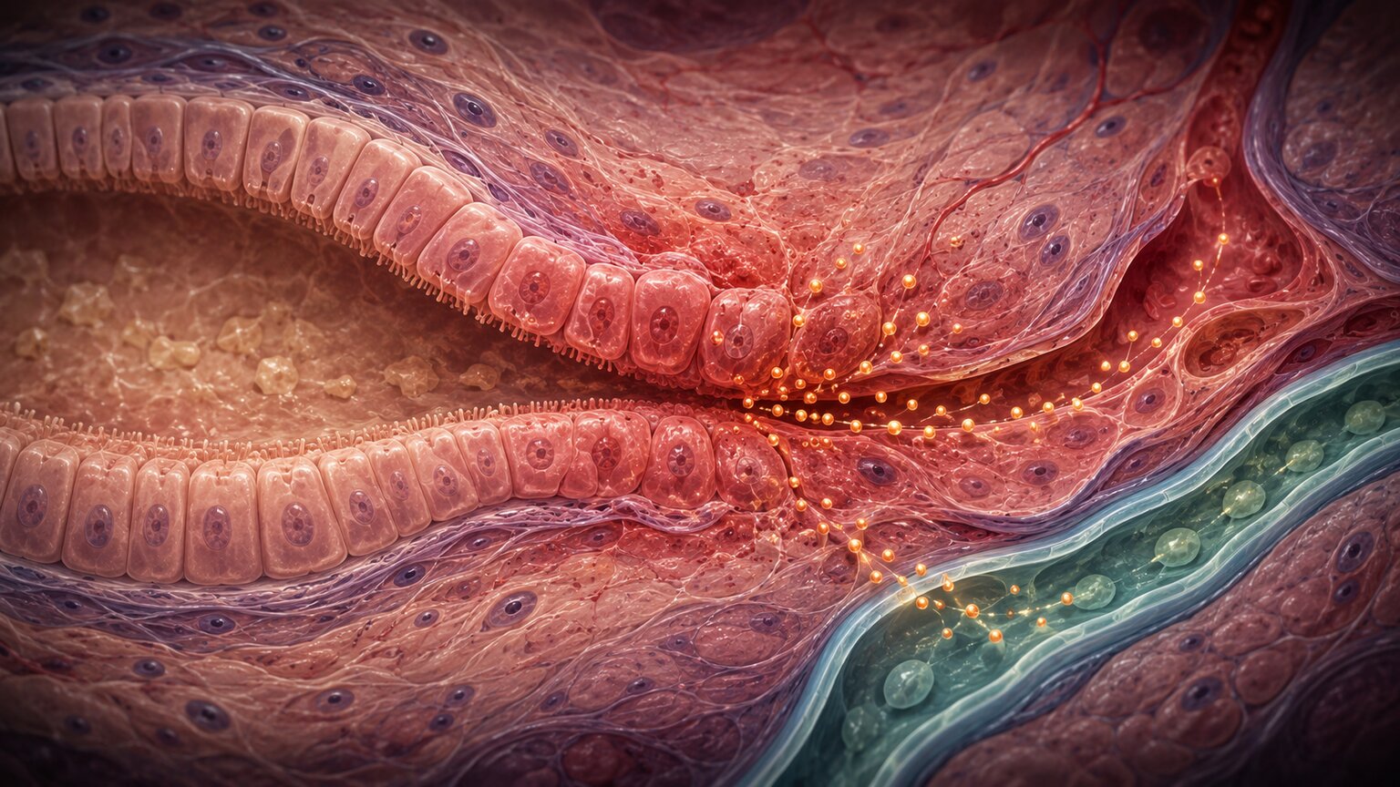 Scientific illustration of an inflamed pancreatic duct releasing CA 19-9 antigen molecules into nearby blood vessels