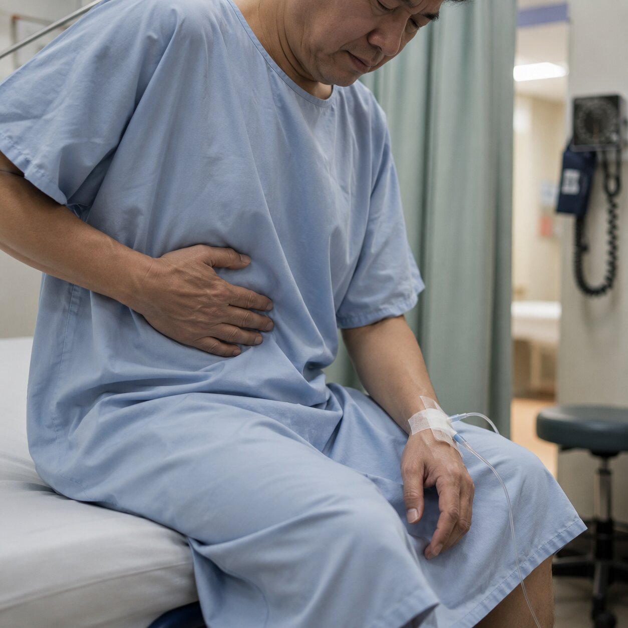 Person sitting hunched on an ER exam table pressing a hand to their upper abdomen during an acute pancreatitis episode
