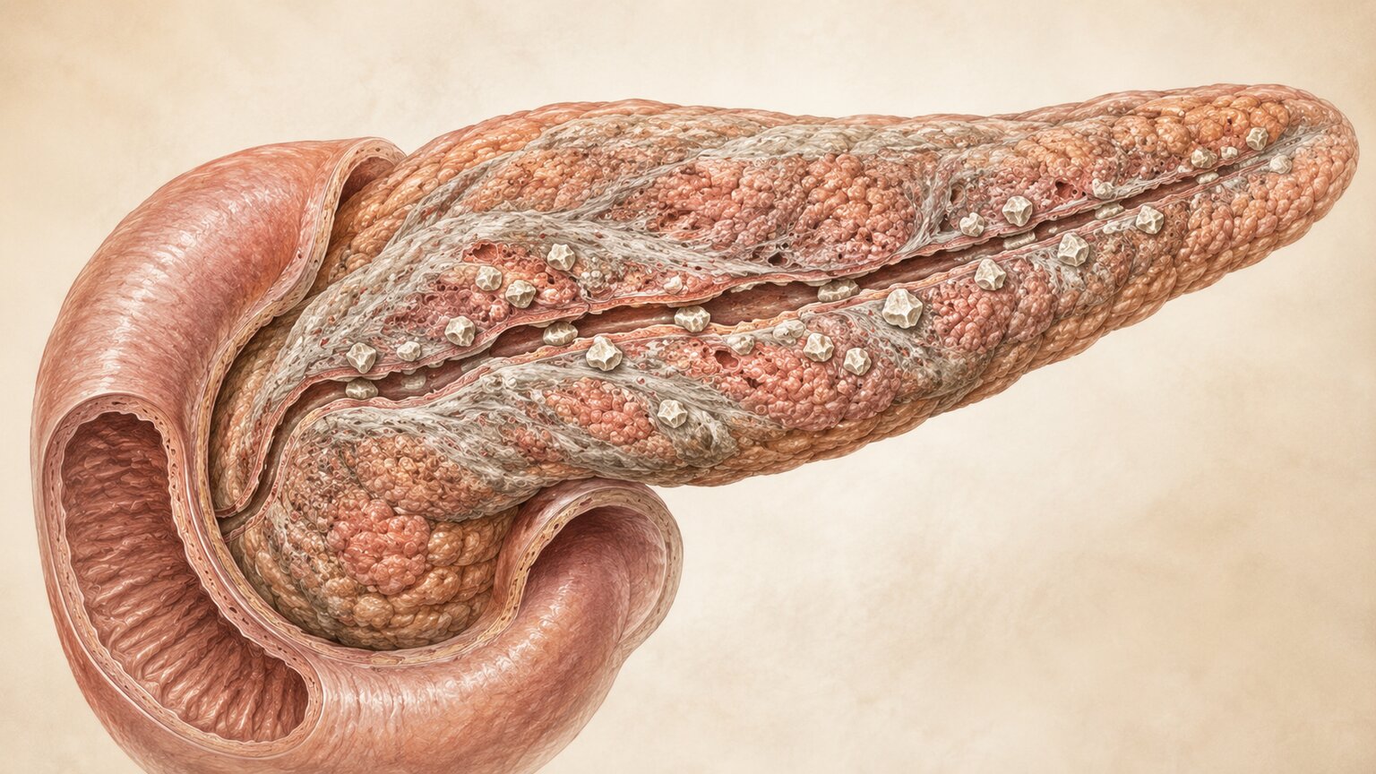 Medical illustration of a scarred, calcified pancreas with narrowed ducts typical of chronic pancreatitis