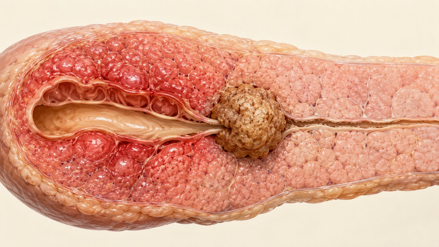 Medical illustration of a small mass obstructing the pancreatic duct with visibly inflamed tissue upstream of the blockage