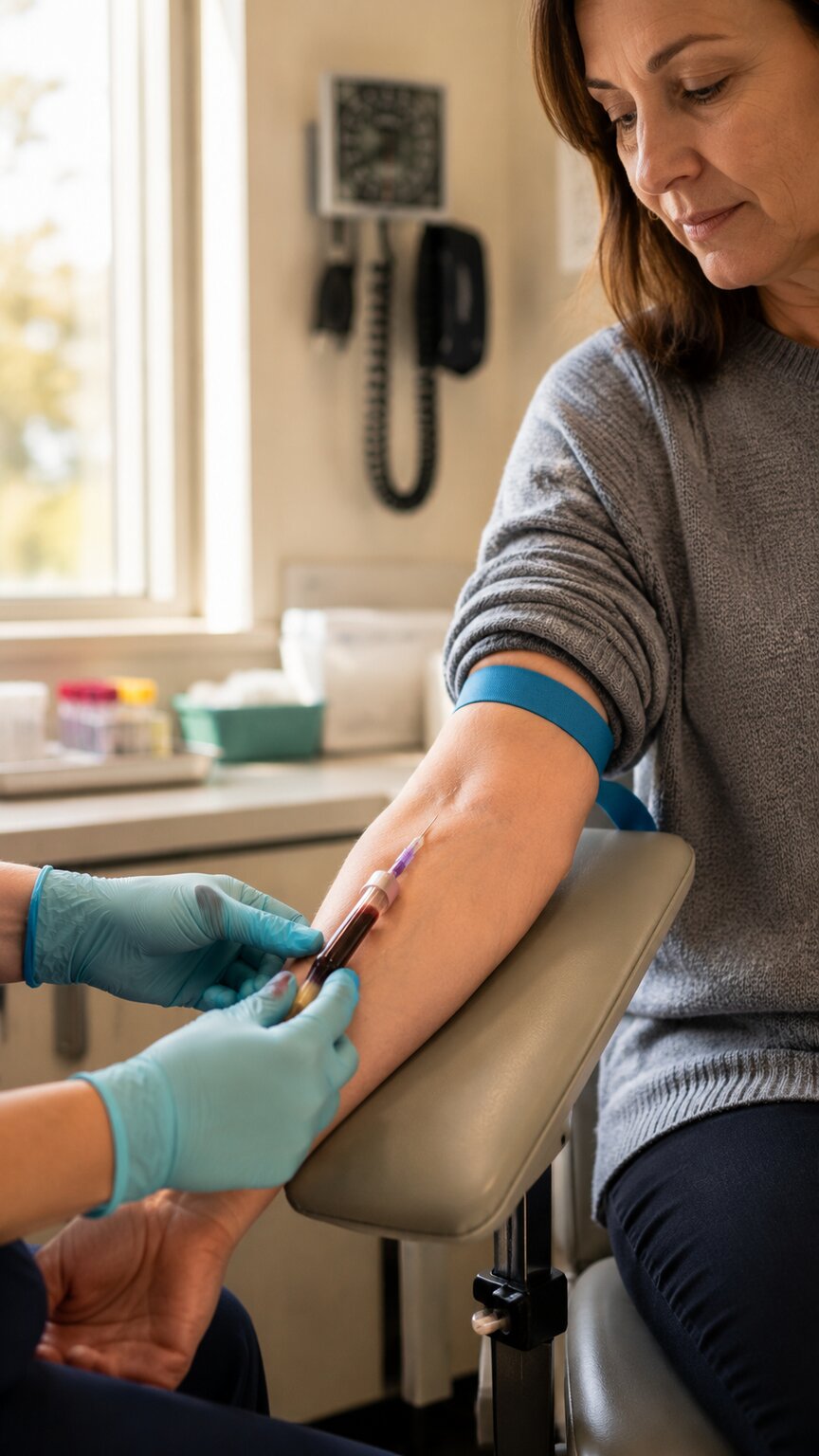 Phlebotomist drawing blood from a patient's arm at a daytime outpatient clinic during a pancreatitis follow-up visit