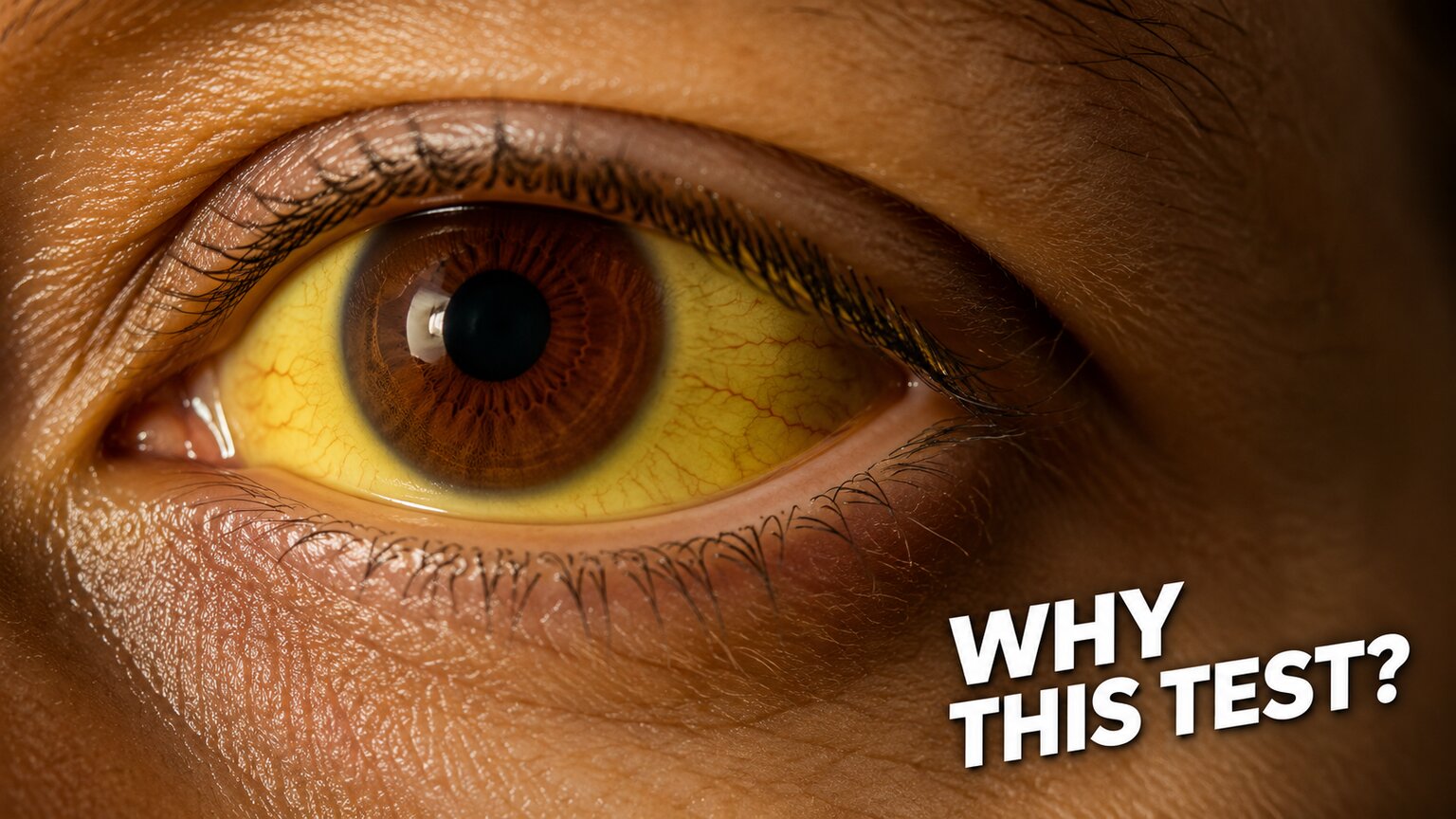 Extreme close-up of a human eye showing visible yellow jaundice in the sclera, a classic trigger for ordering this test