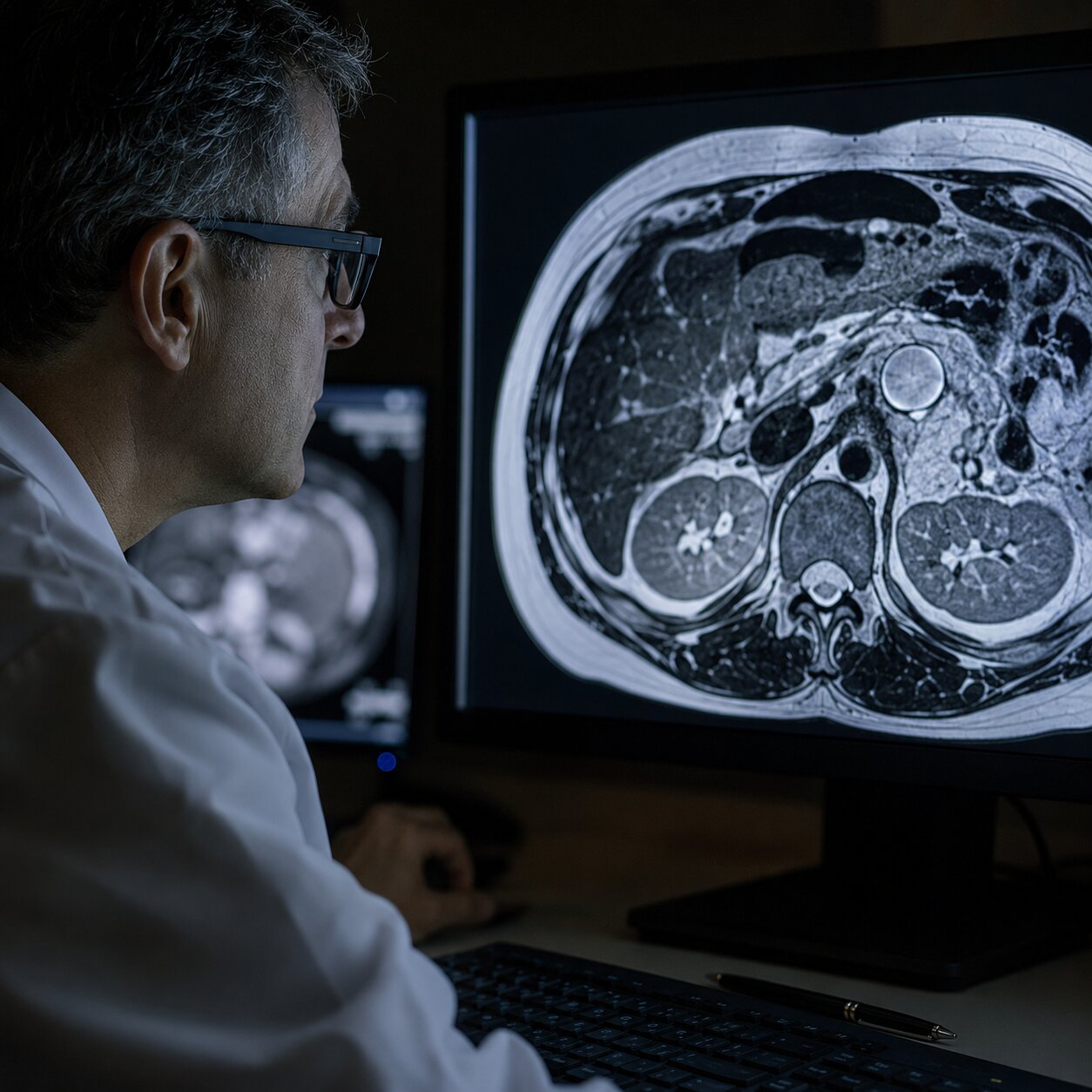 Radiologist closely examining a grayscale abdominal MRI scan showing a small pancreatic cyst on a viewing monitor