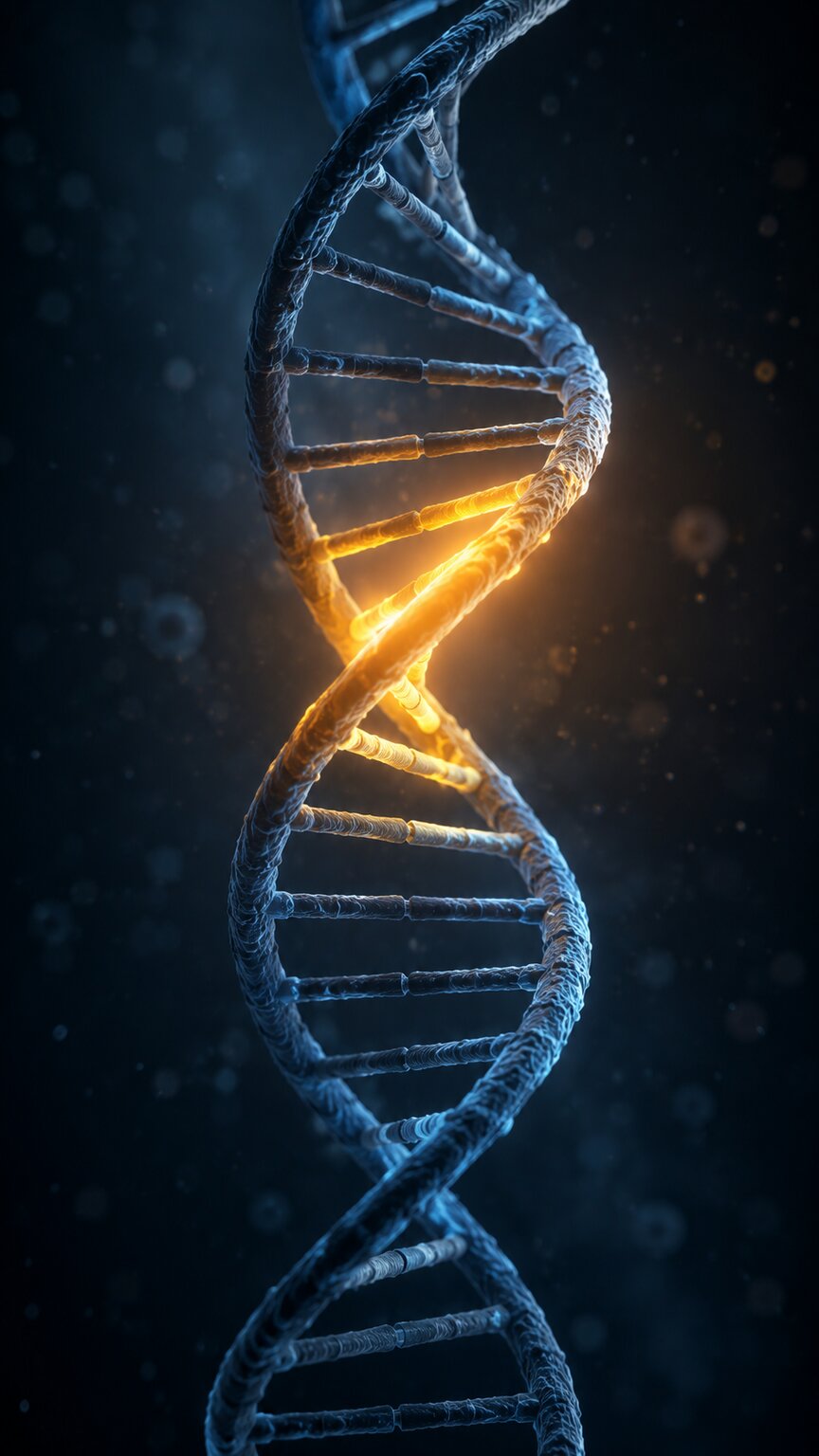 Scientific illustration of a DNA double helix with one highlighted segment