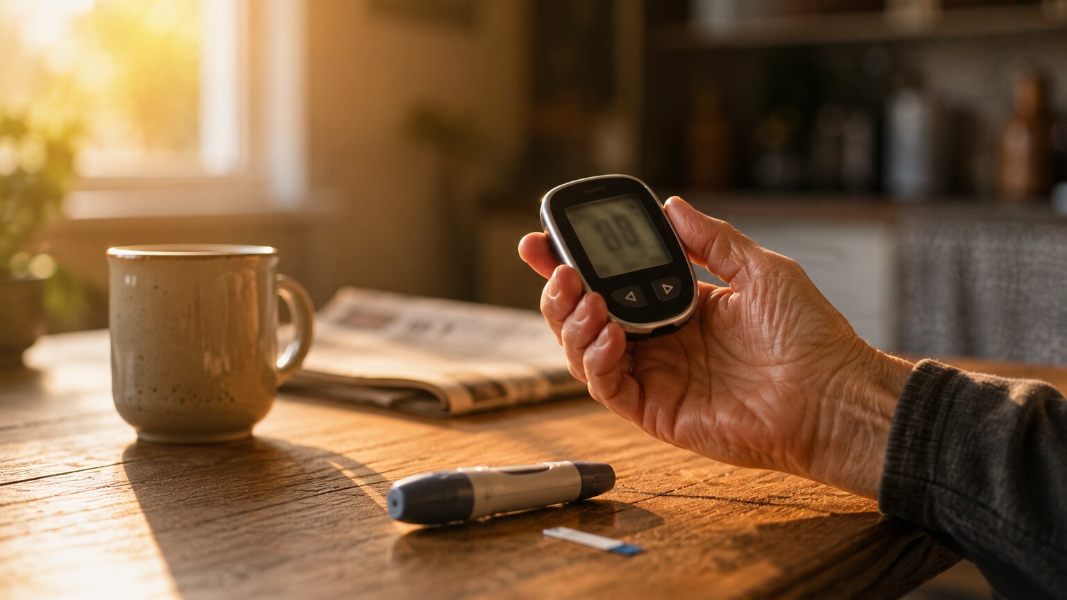 Older adult's hand holding a home glucose meter displaying a reading at a kitchen table in morning light