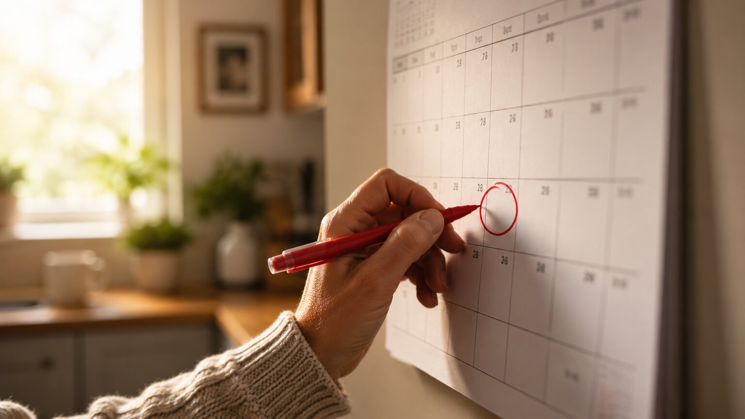 Hand circling a future date on a wall calendar, representing a scheduled follow-up test for ongoing monitoring
