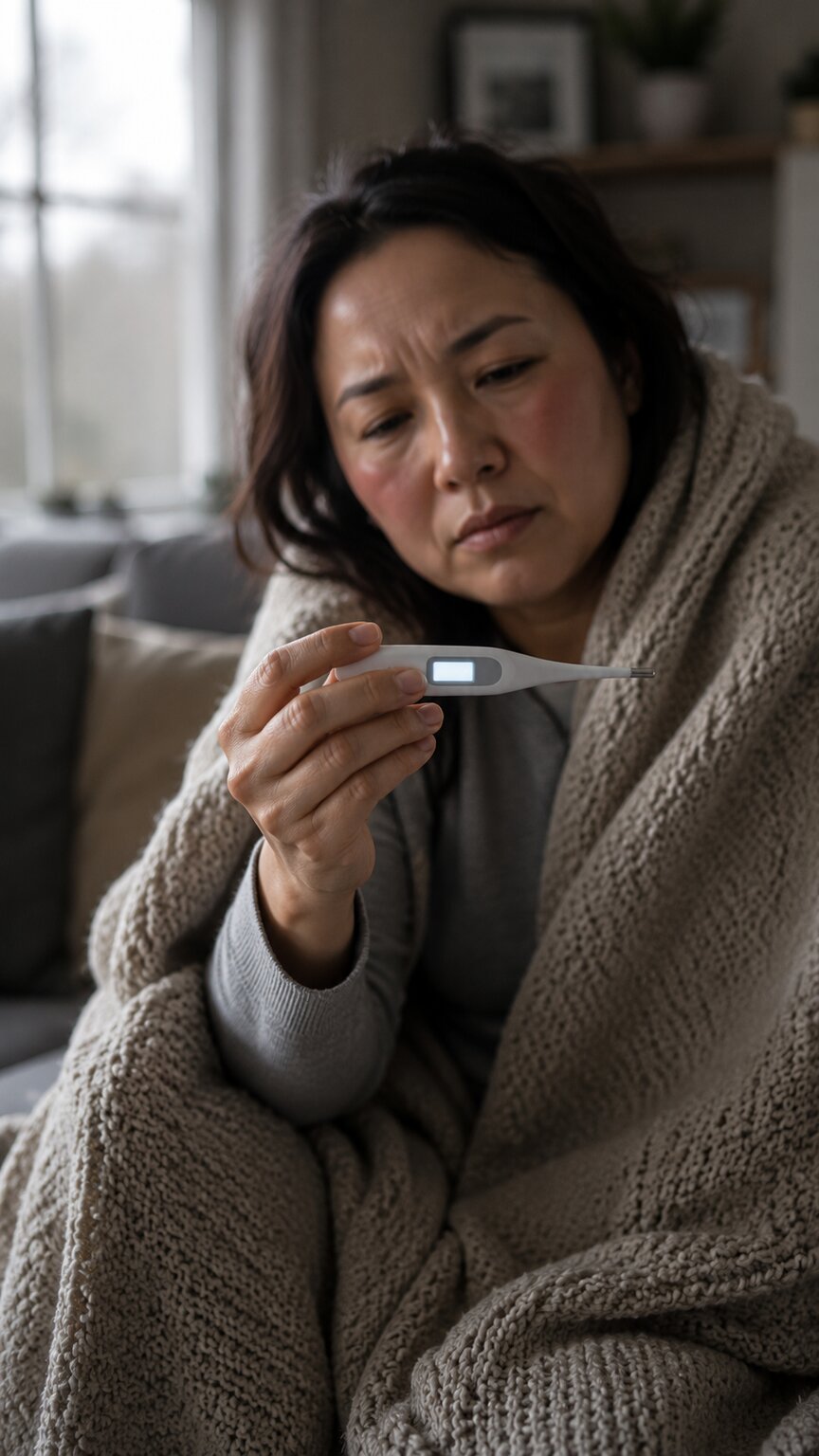 Person at home checking a digital thermometer reading while sitting wrapped in a blanket with fever