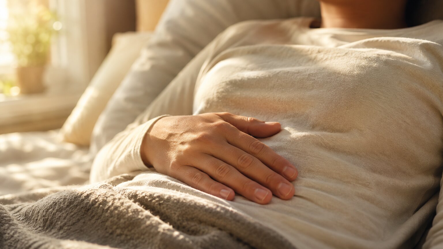 Person's hand resting calmly and comfortably against their upper abdomen, free of pain, in soft morning light