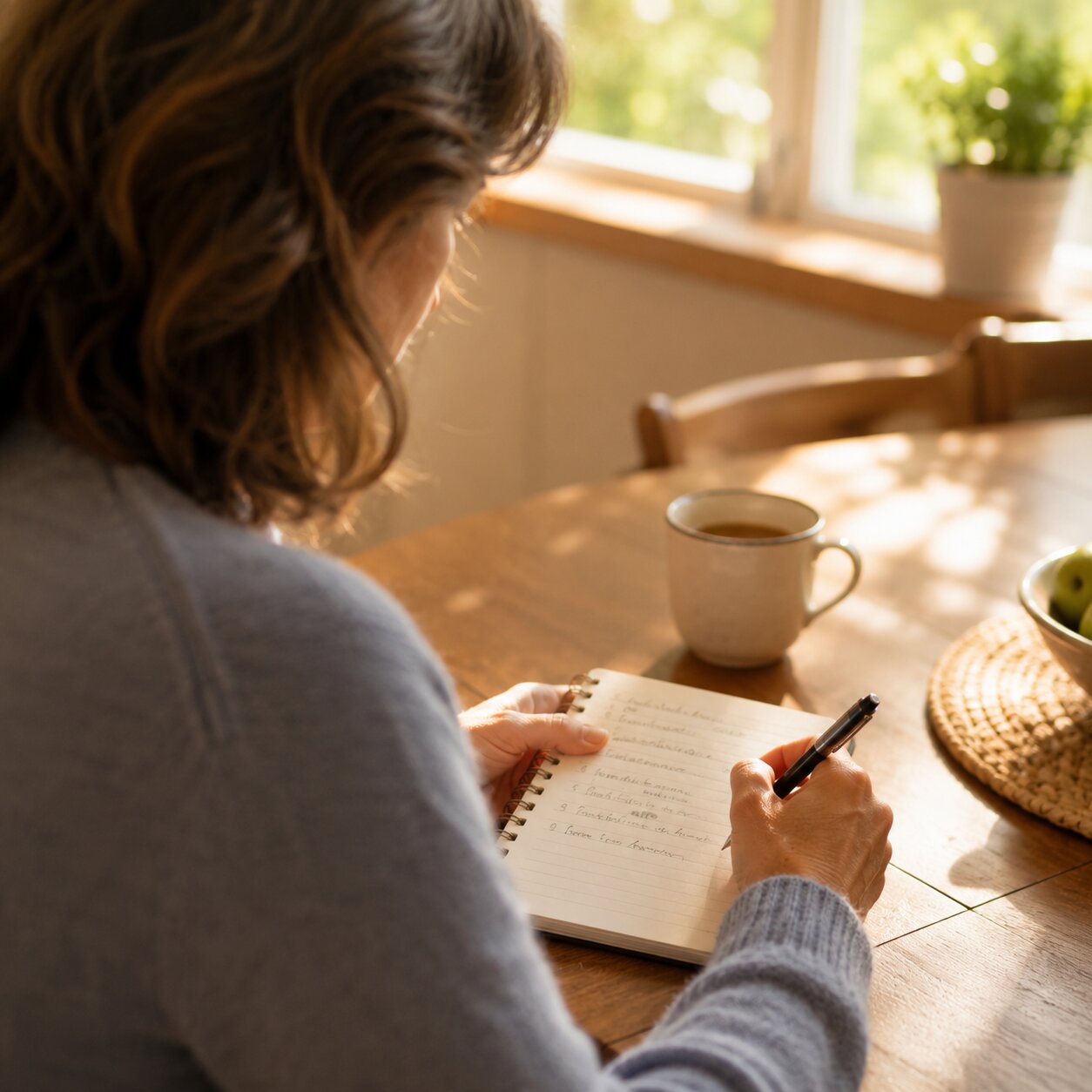 Woman writing notes in a journal at a table with morning light, preparing questions to bring to a doctor's appointment
