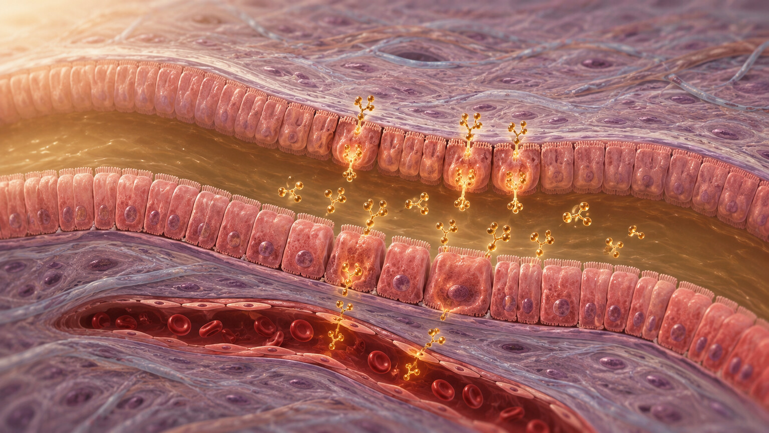Scientific illustration of bile duct epithelial cells releasing CA 19-9 glycoprotein molecules into the bloodstream