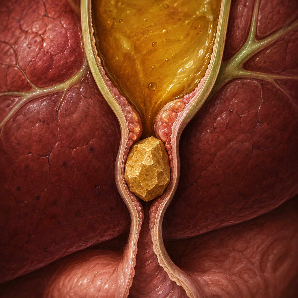 Close-up medical illustration of a small gallstone partially blocking the common bile duct, causing backed-up bile