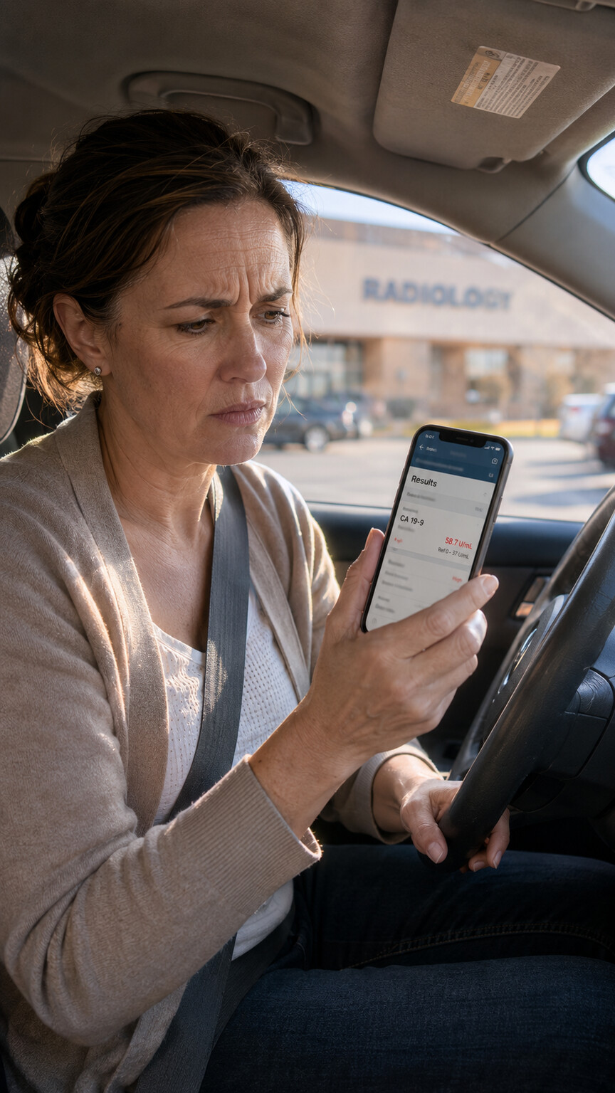 Person sitting in a parked car looking at a phone showing an elevated CA 19-9 lab result after a normal CT scan