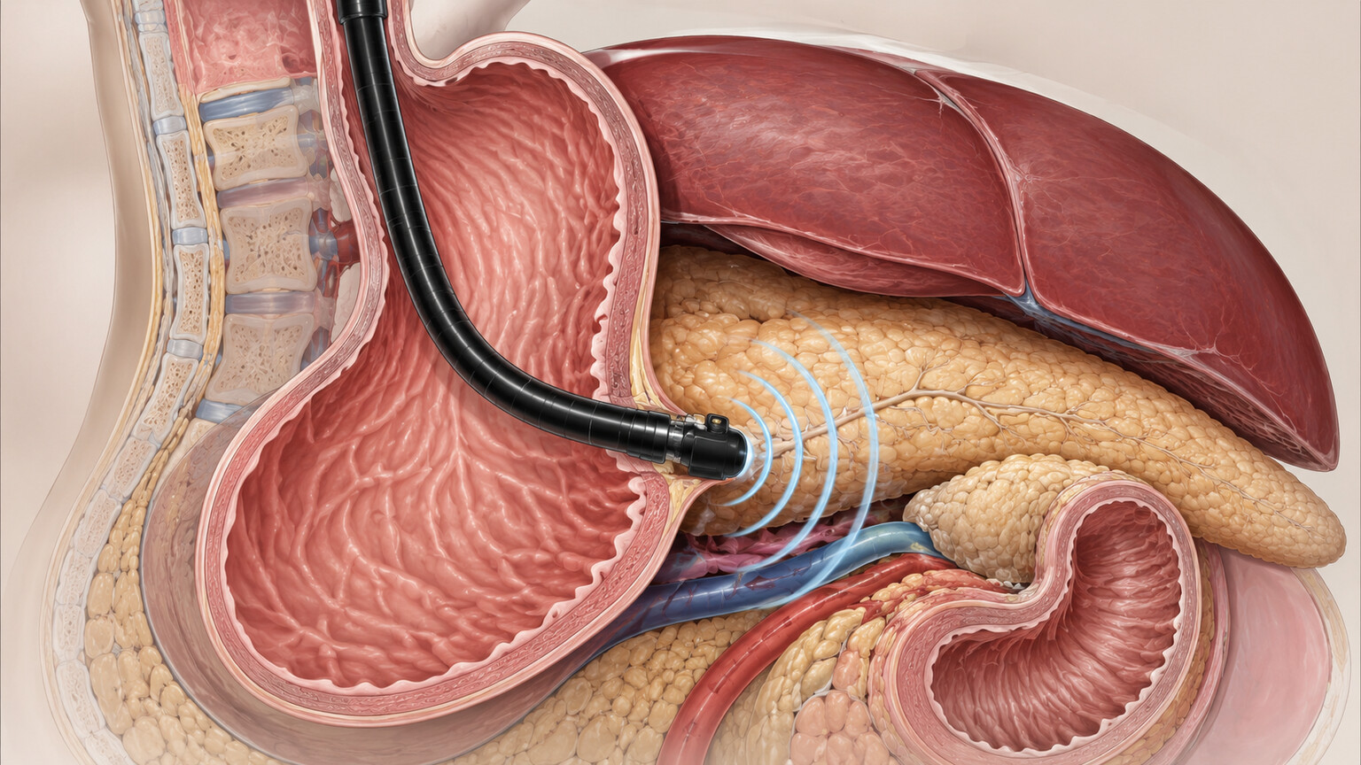 Medical illustration of an endoscopic ultrasound probe positioned near the pancreas through the stomach wall