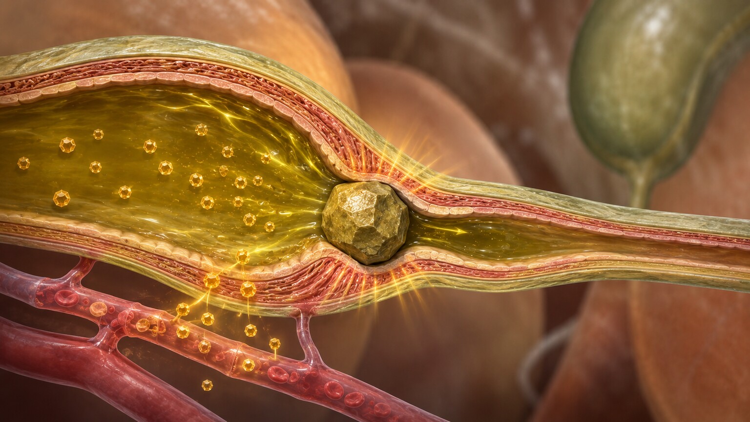Medical illustration of a gallstone obstructing the common bile duct causing bile and CA 19-9 backup into the bloodstream