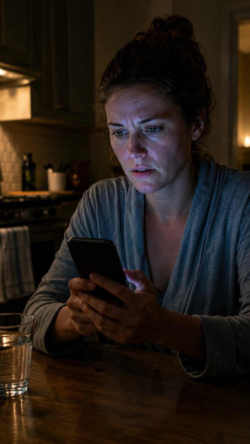 Person sitting at a kitchen table at night looking at a phone screen showing a flagged high CA 19-9 lab result
