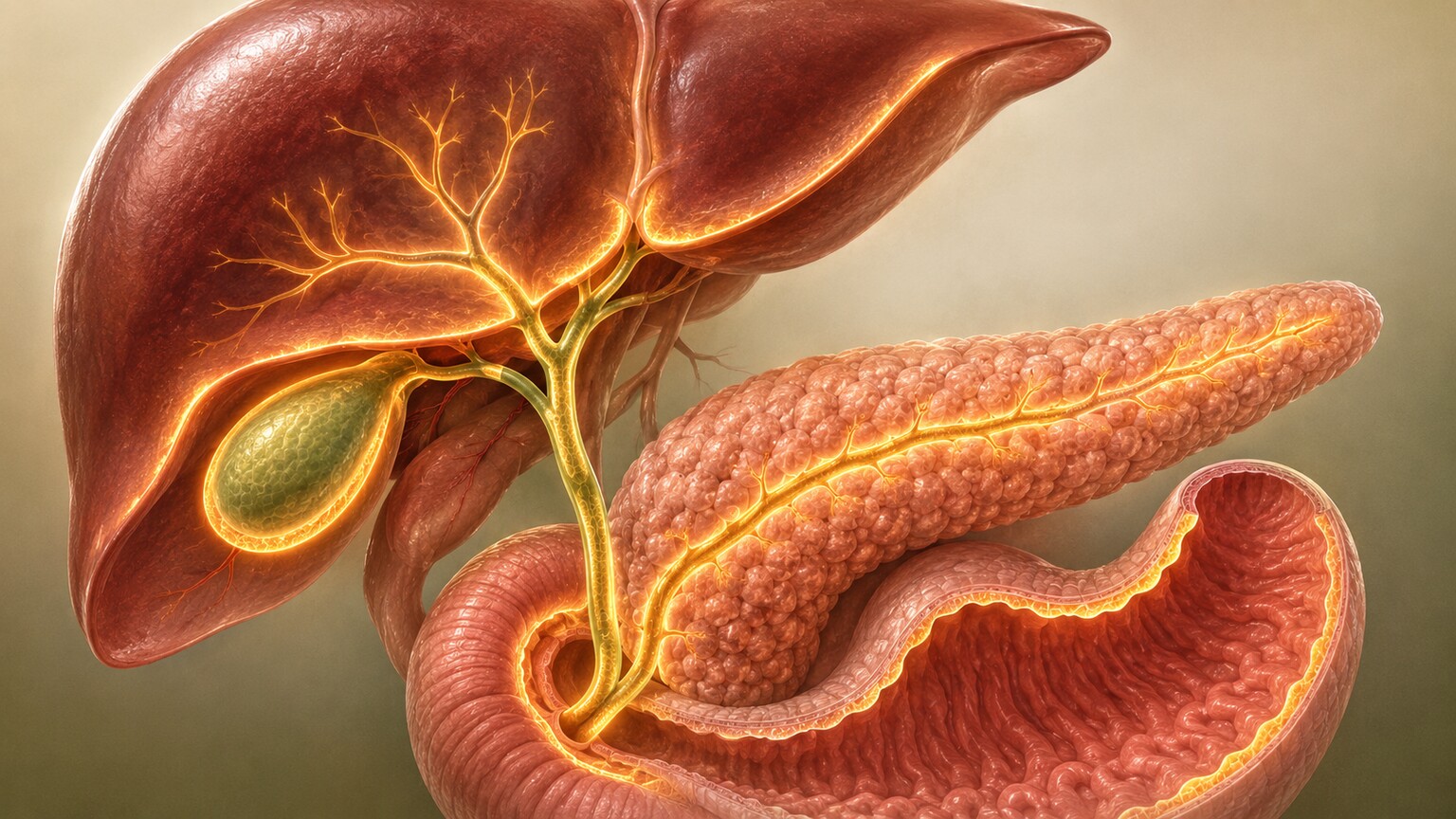 Anatomical illustration of the pancreas, liver, bile ducts, and stomach highlighting the tissues that produce CA 19-9