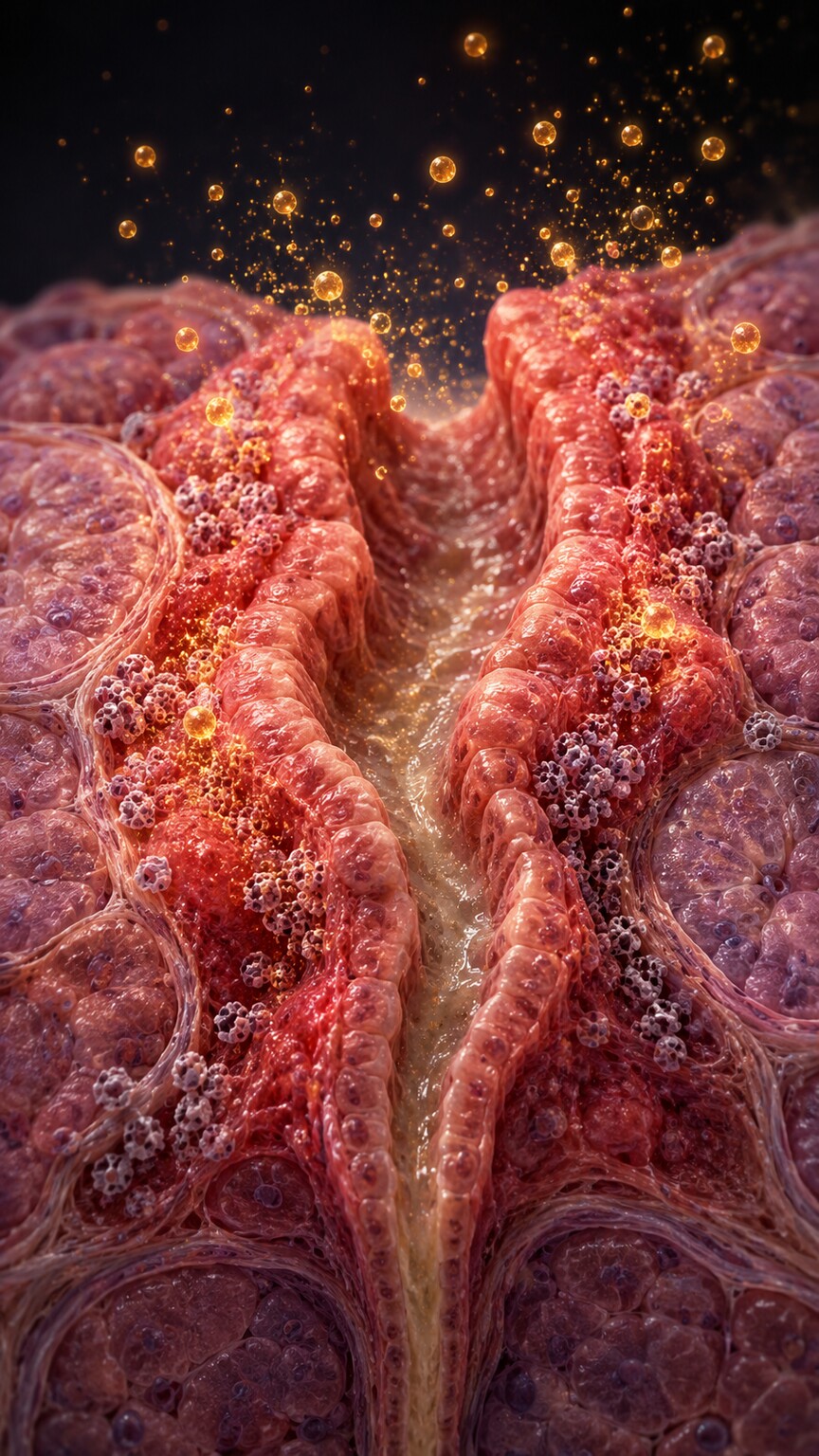 Close-up scientific illustration of inflamed pancreatic duct tissue during acute pancreatitis