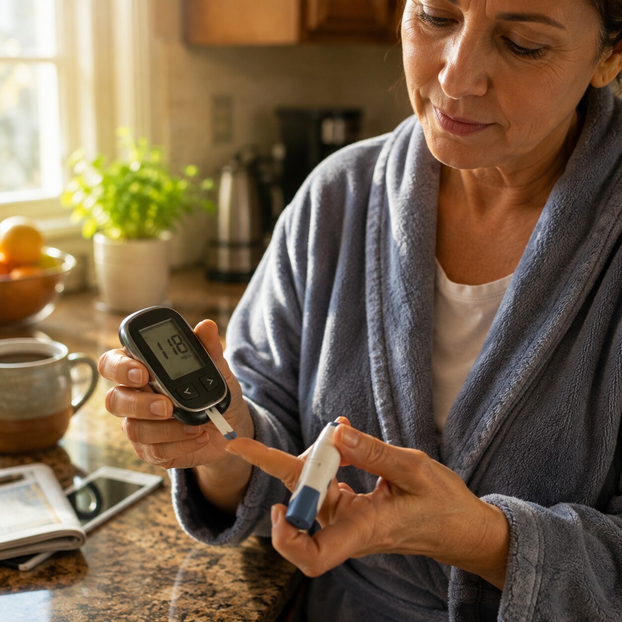 Person performing a fingerstick blood glucose test at a kitchen counter in the morning