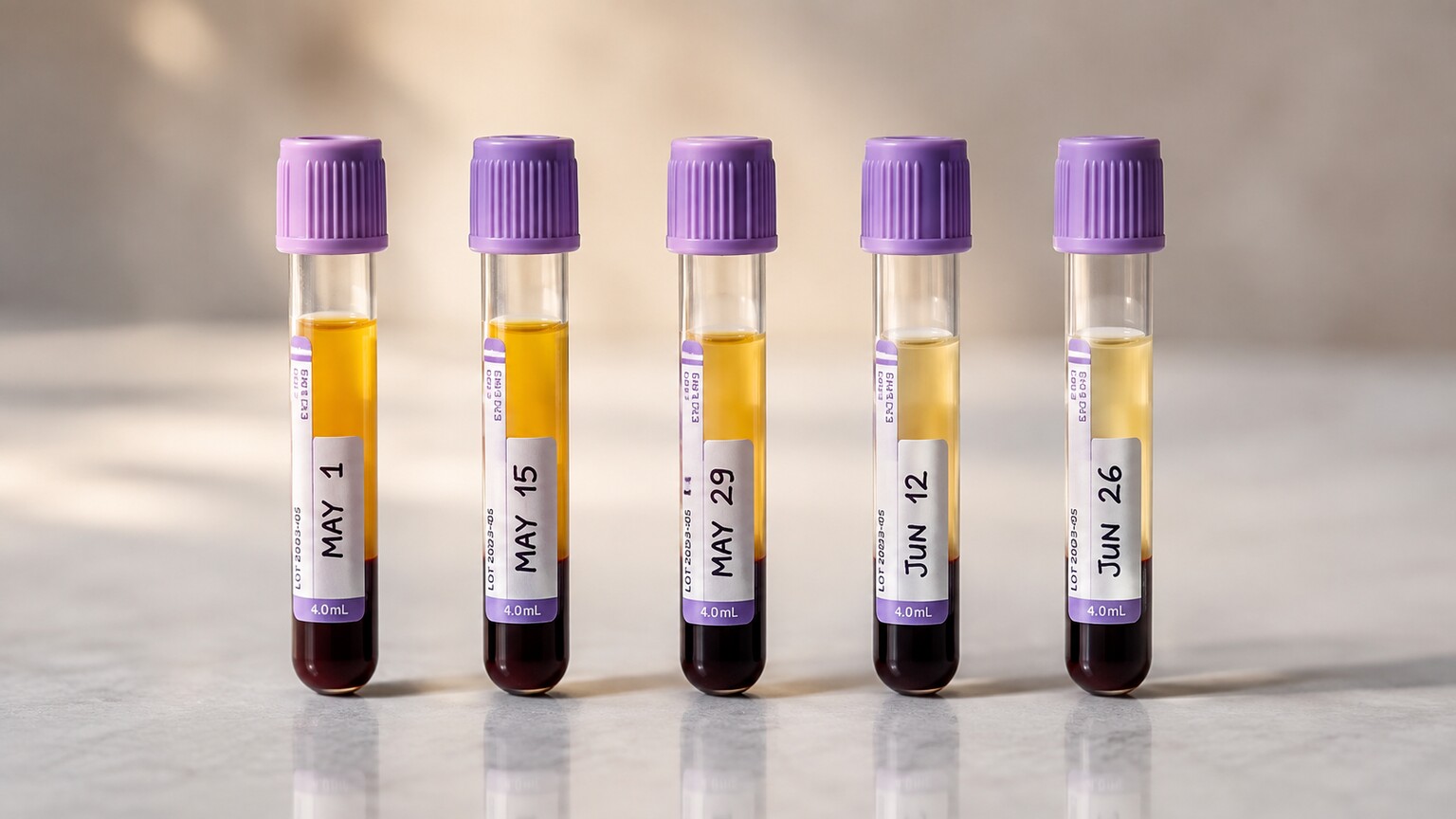 Row of labeled blood collection tubes arranged in sequence representing repeat CA 19-9 testing over time