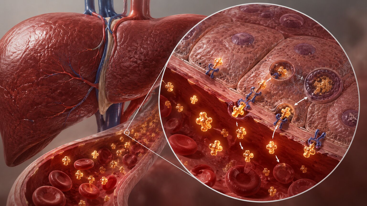 Scientific cross-section illustration of the liver filtering carcinoembryonic antigen molecules out of the bloodstream