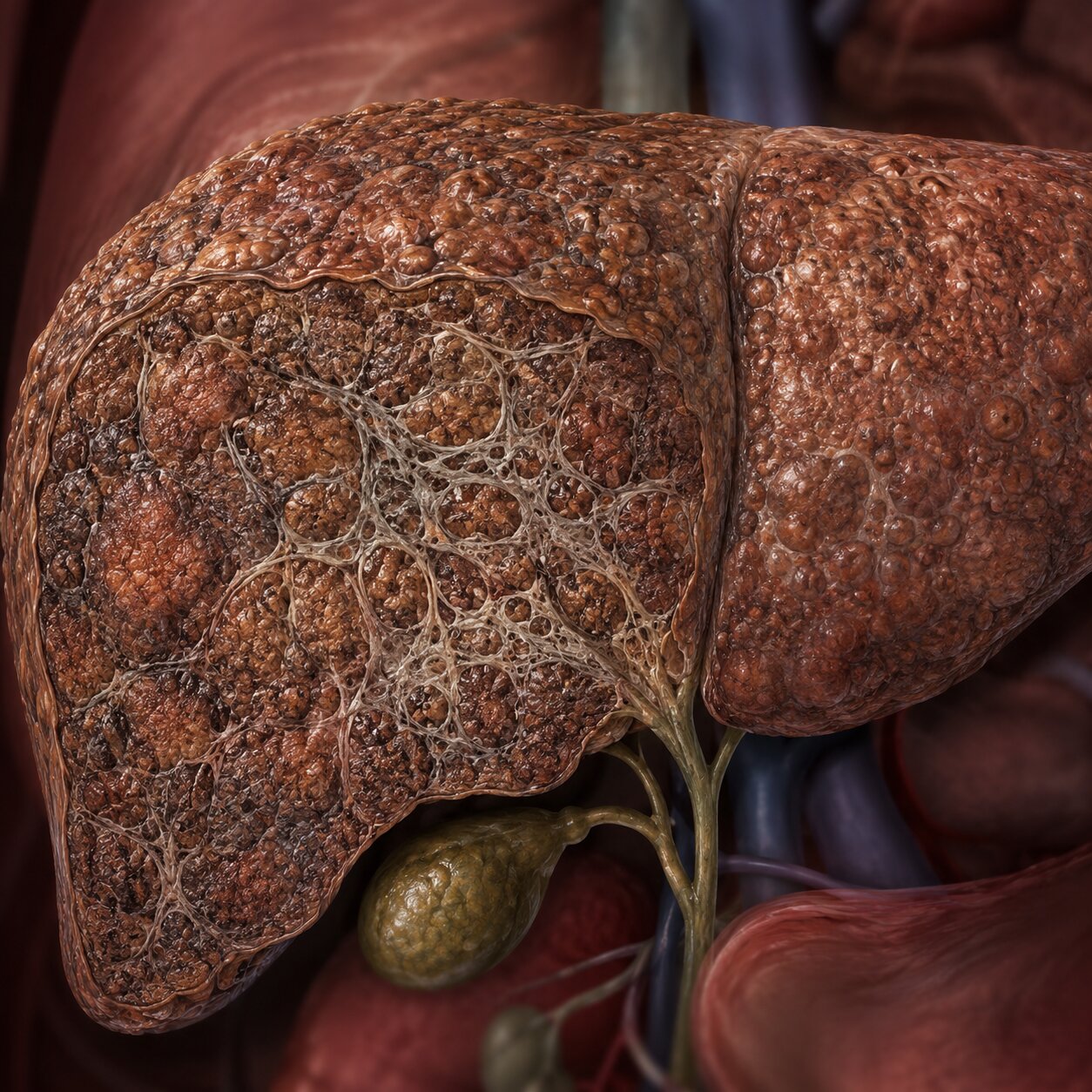 Illustration of a cirrhotic liver with visible scarring and nodules affecting its ability to clear proteins from blood