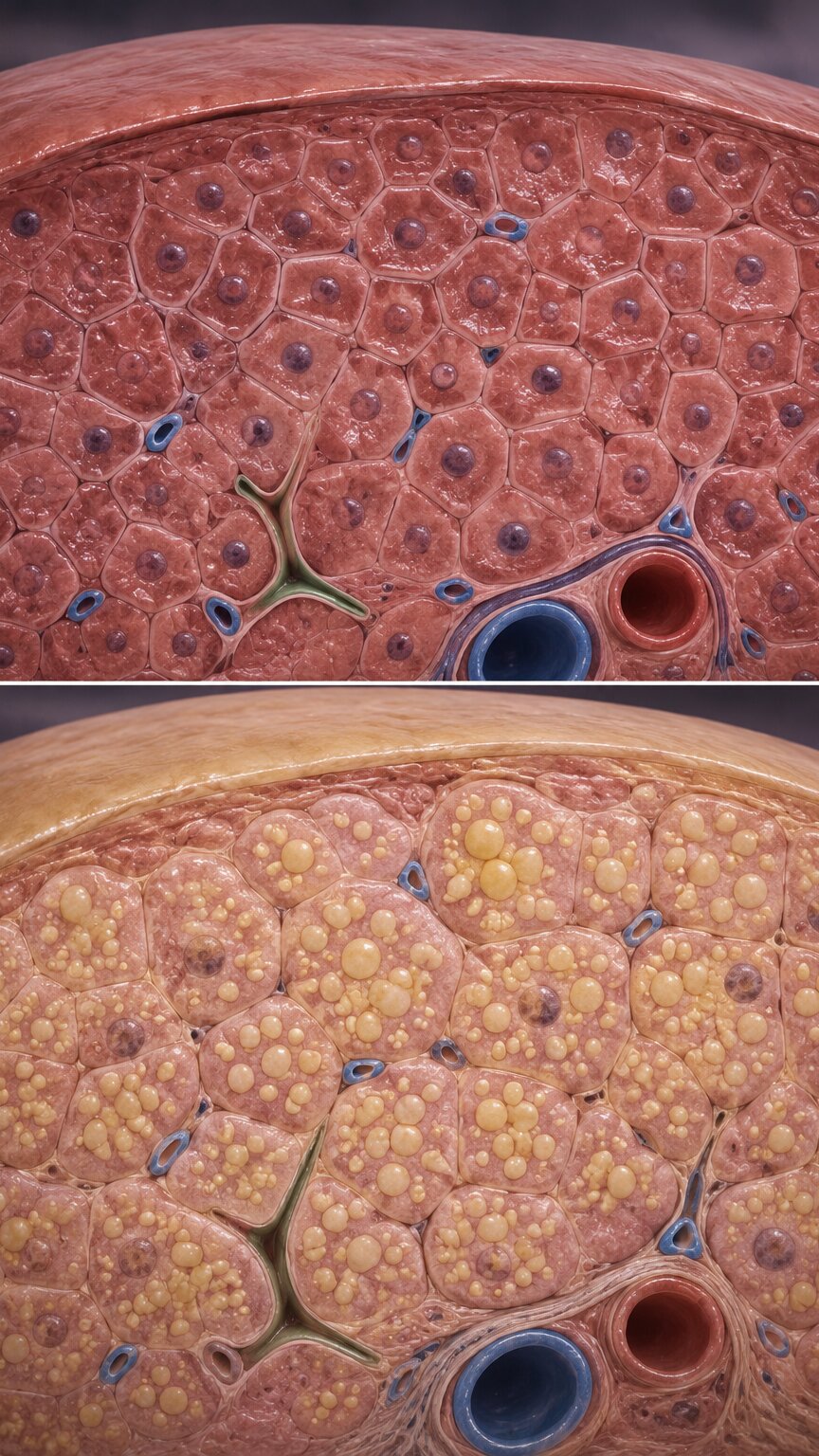 Scientific illustration comparing a healthy liver cross-section to one with fatty liver disease and steatosis buildup