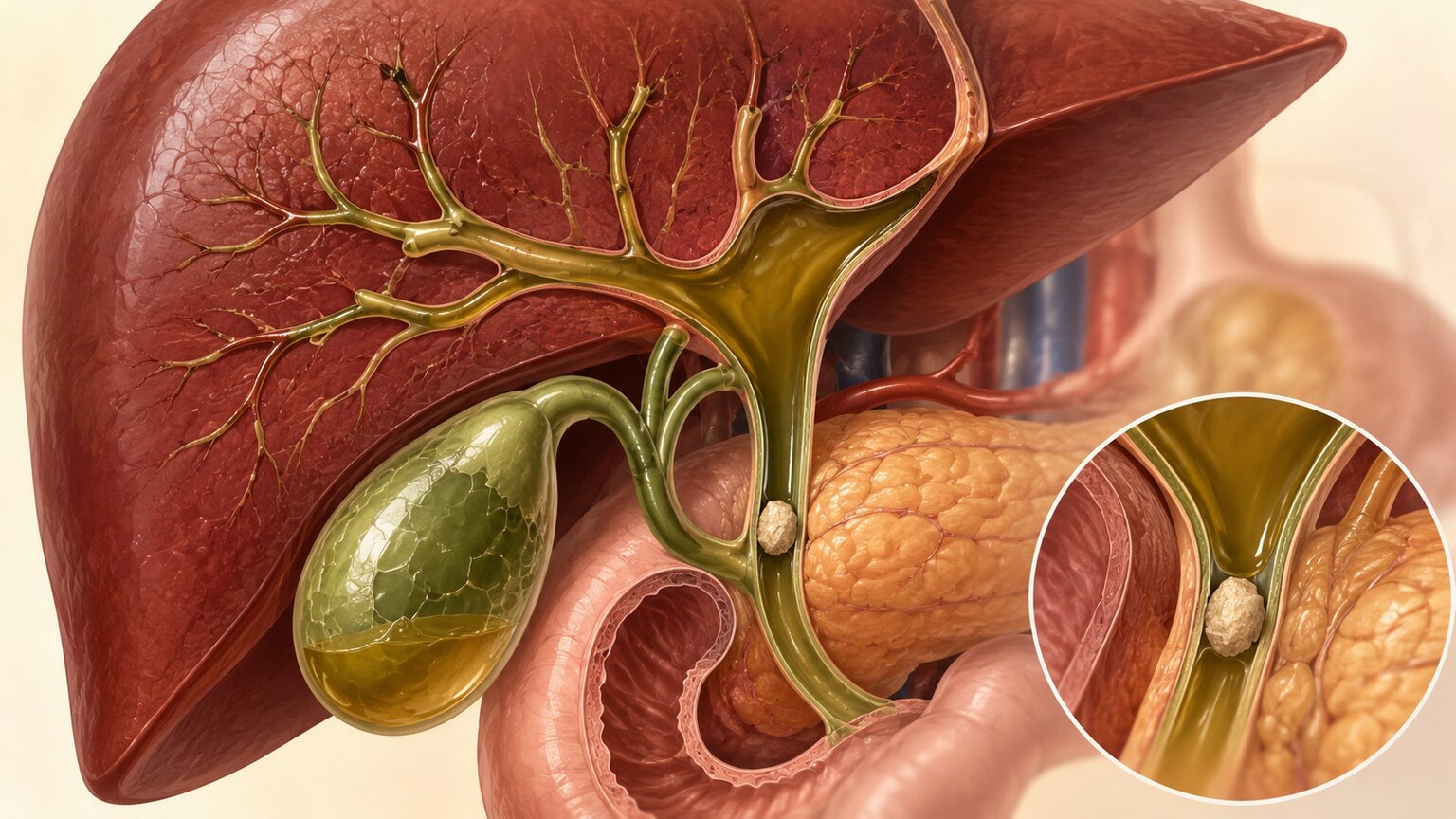Illustration of a blocked bile duct backing up bile flow and impairing the liver's protein clearance receptors