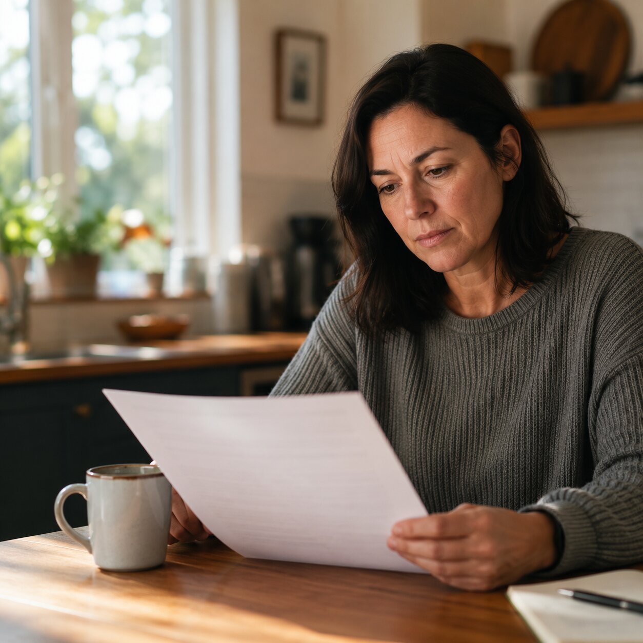 Person at a kitchen table closely reviewing a printed lab report showing CEA and liver panel results