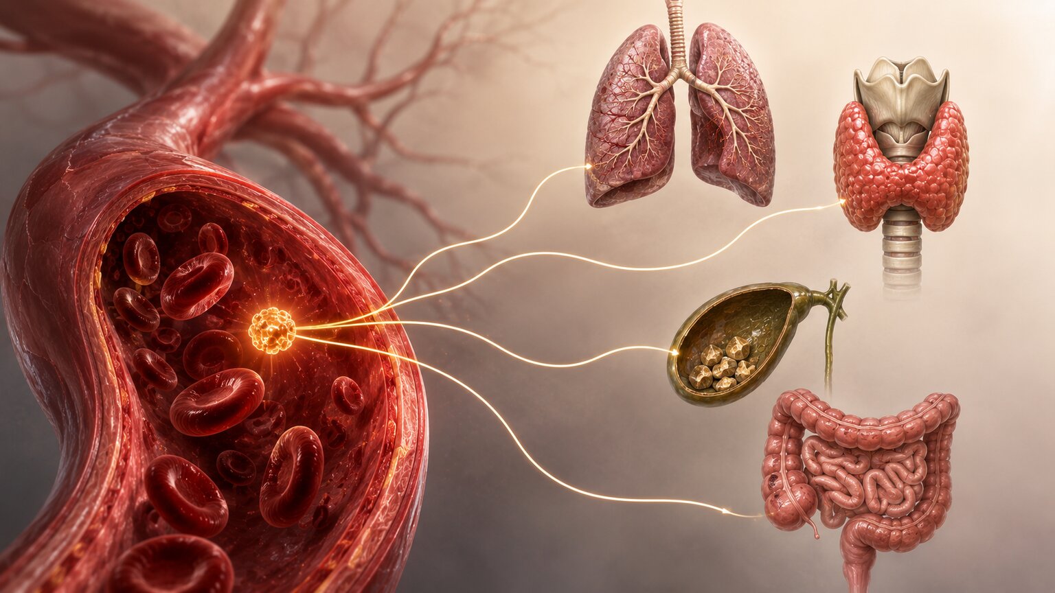 Scientific illustration of a single elevated CEA signal branching through the bloodstream to icons of the lungs, thyroid, gallbladder, and intestines