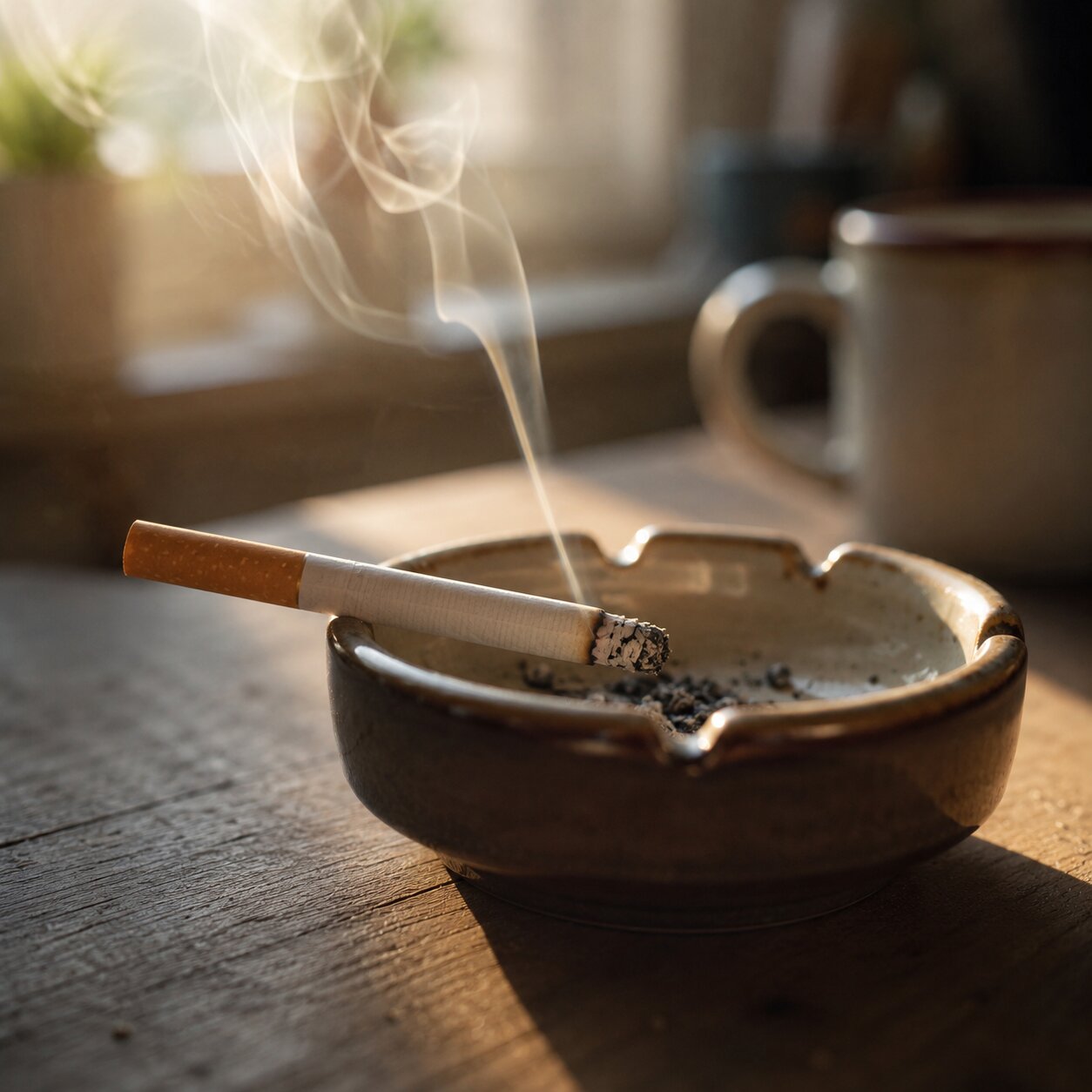 Close-up of a lit cigarette resting in an ashtray with thin smoke curling upward in soft morning light