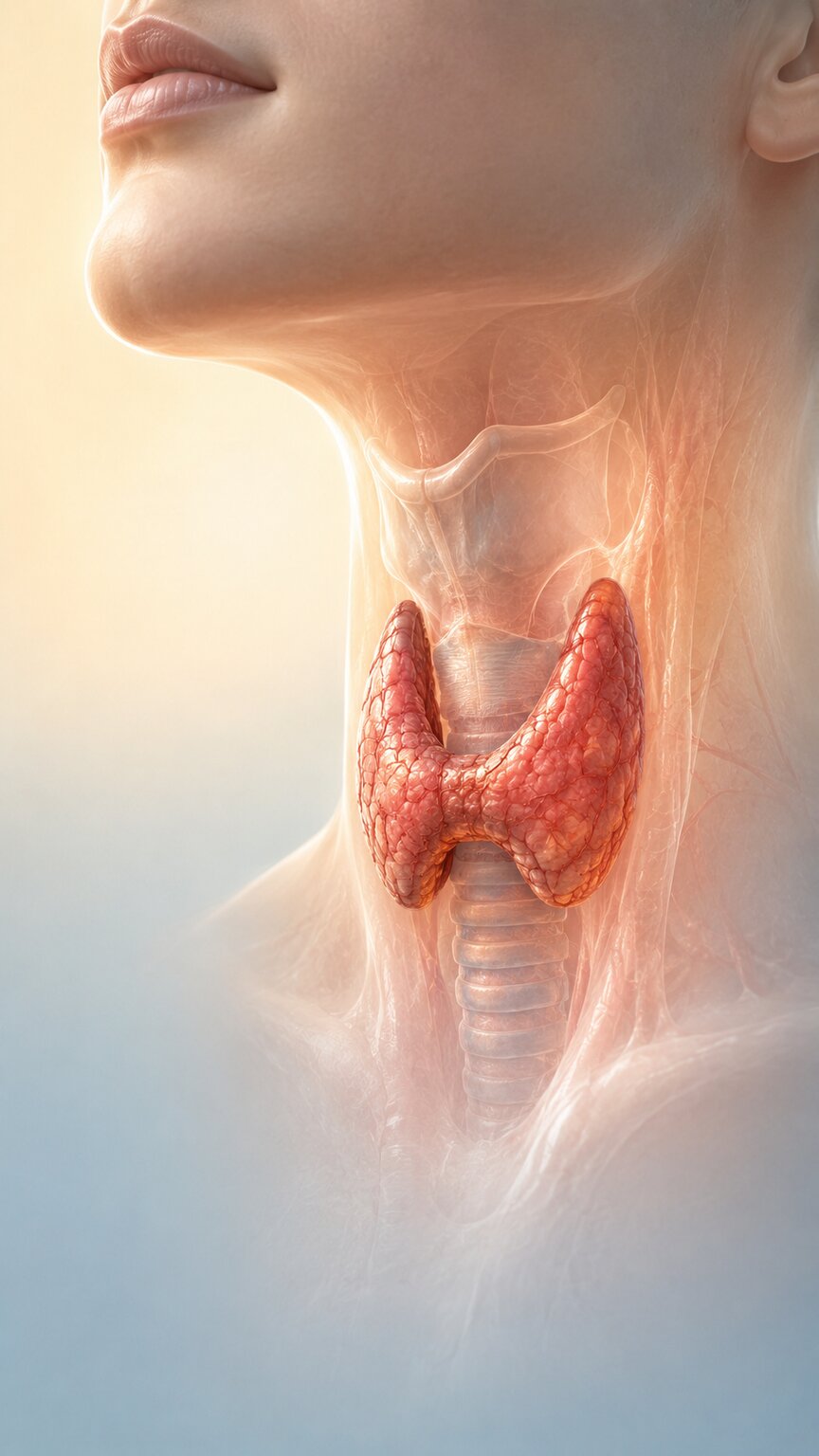 Anatomical illustration of the butterfly-shaped thyroid gland positioned at the base of the throat