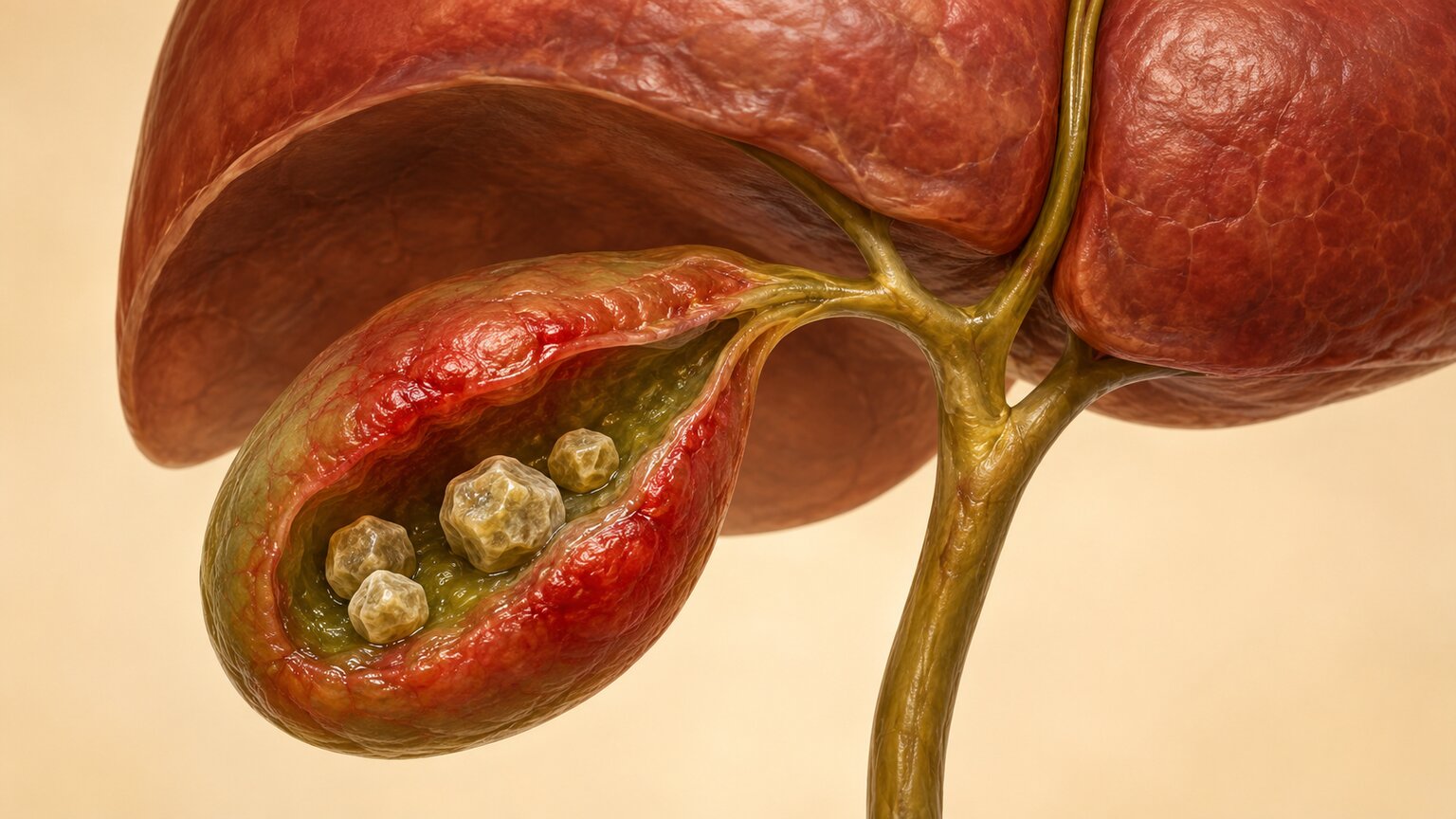 Medical illustration of an inflamed gallbladder containing several gallstones, shown attached to the liver and bile duct