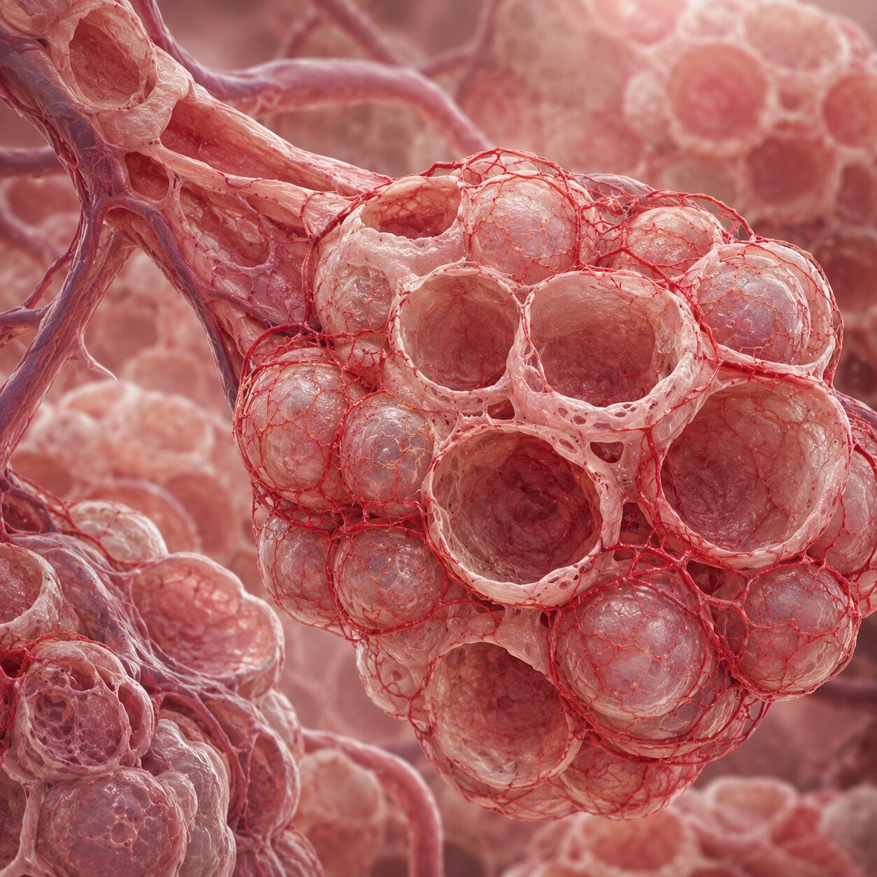 Scientific cross-section illustration of lung alveolar tissue showing the delicate air sacs affected by chronic lung disease