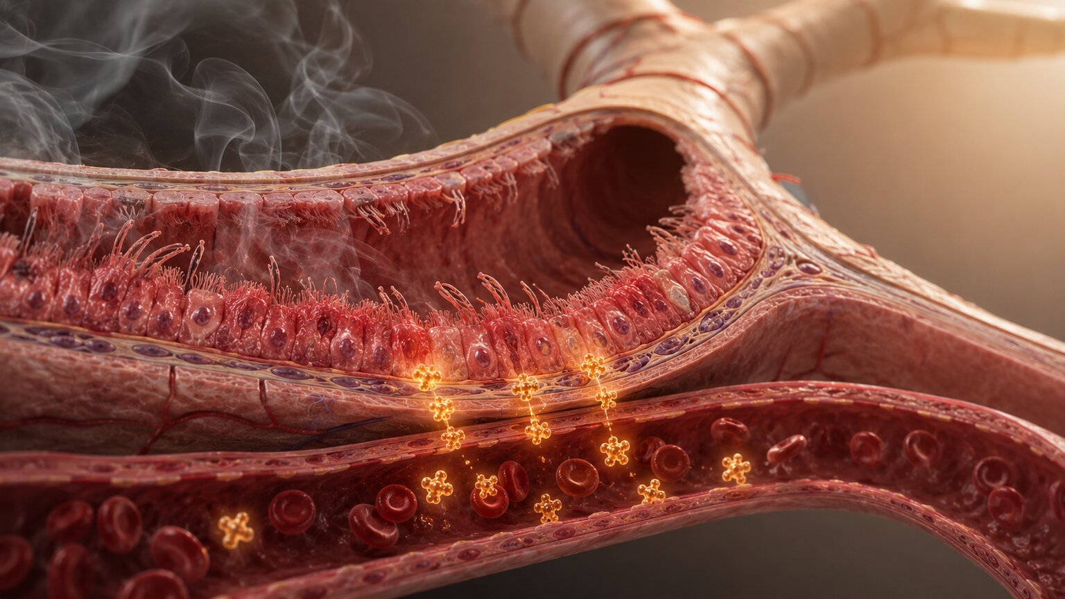 Scientific illustration of bronchial airway tissue releasing glowing CEA antigen particles into a nearby blood vessel