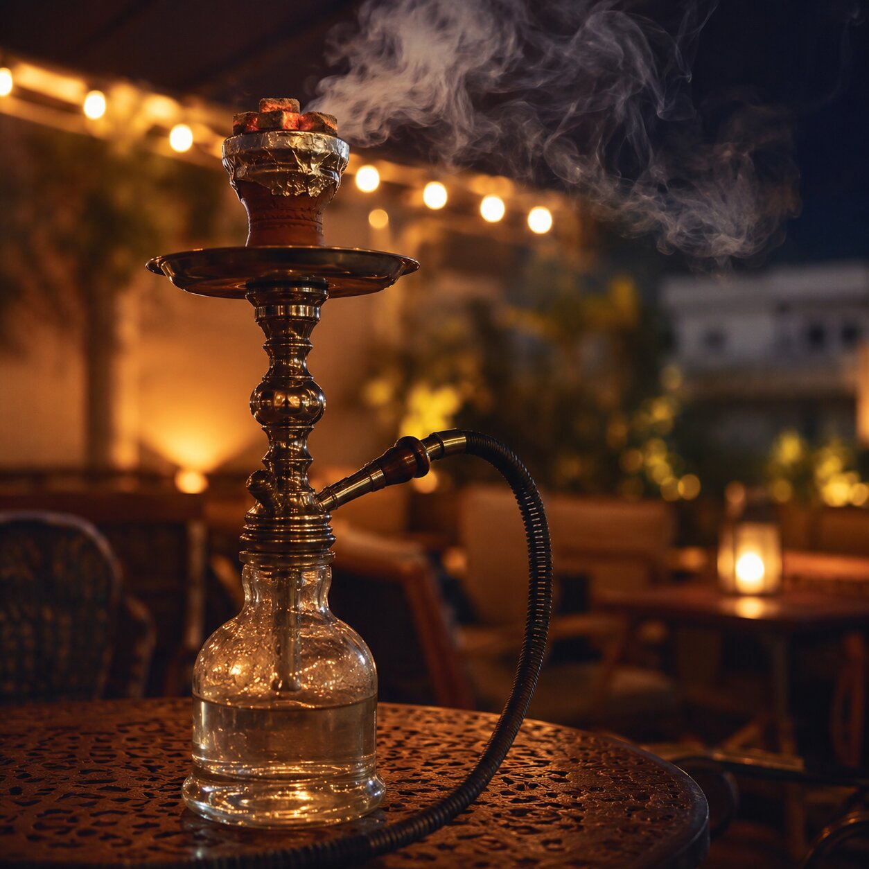 Close-up photo of a hookah waterpipe with glowing coals and rising smoke on an outdoor evening table