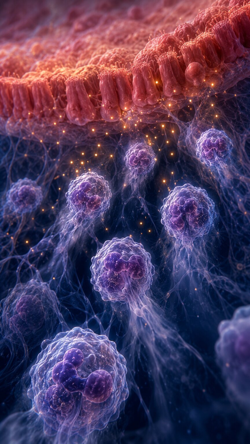 Microscopic scientific illustration of neutrophil immune cells being drawn toward inflamed lung airway tissue