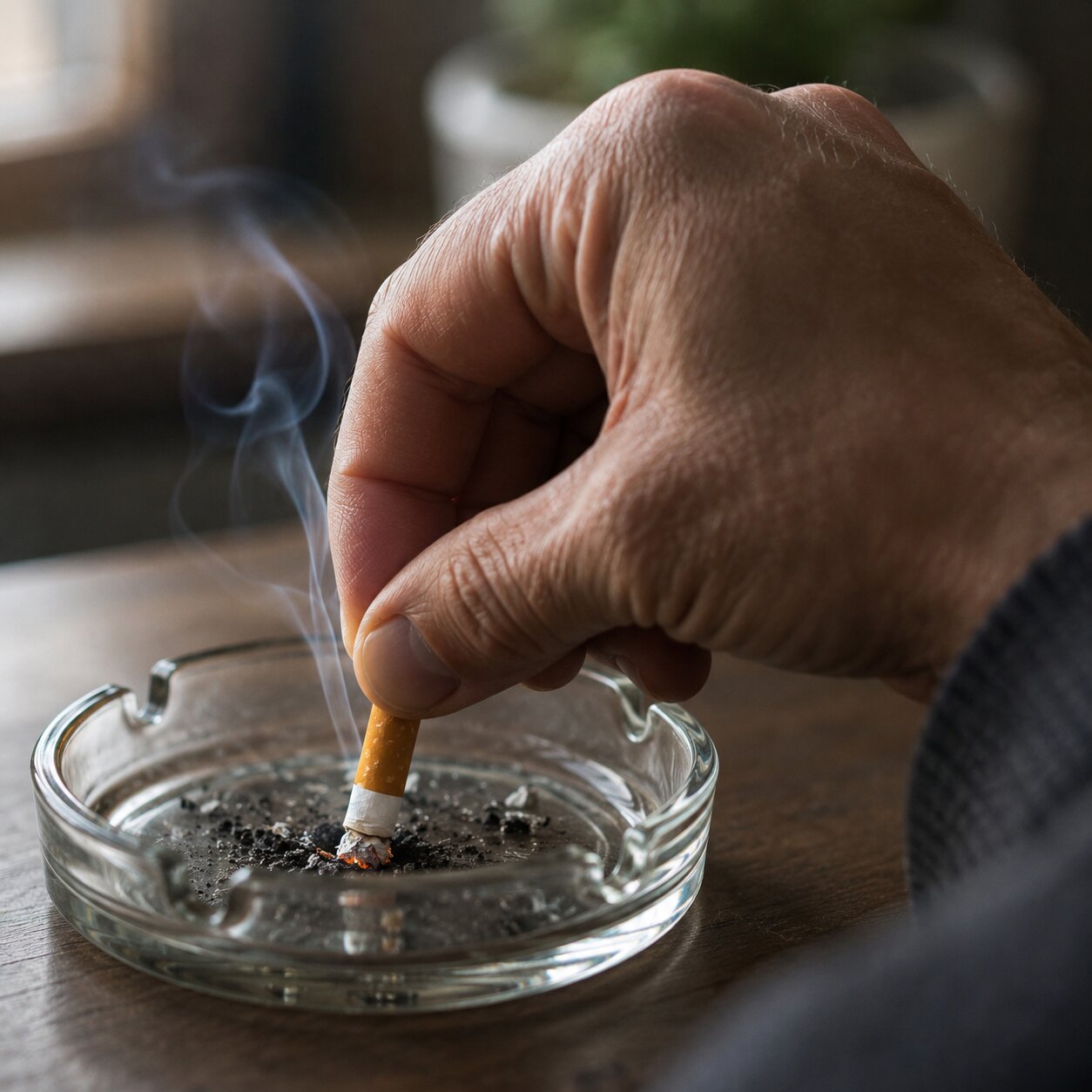 Close-up of a hand firmly crushing out a cigarette in an ashtray, symbolizing the moment of quitting smoking