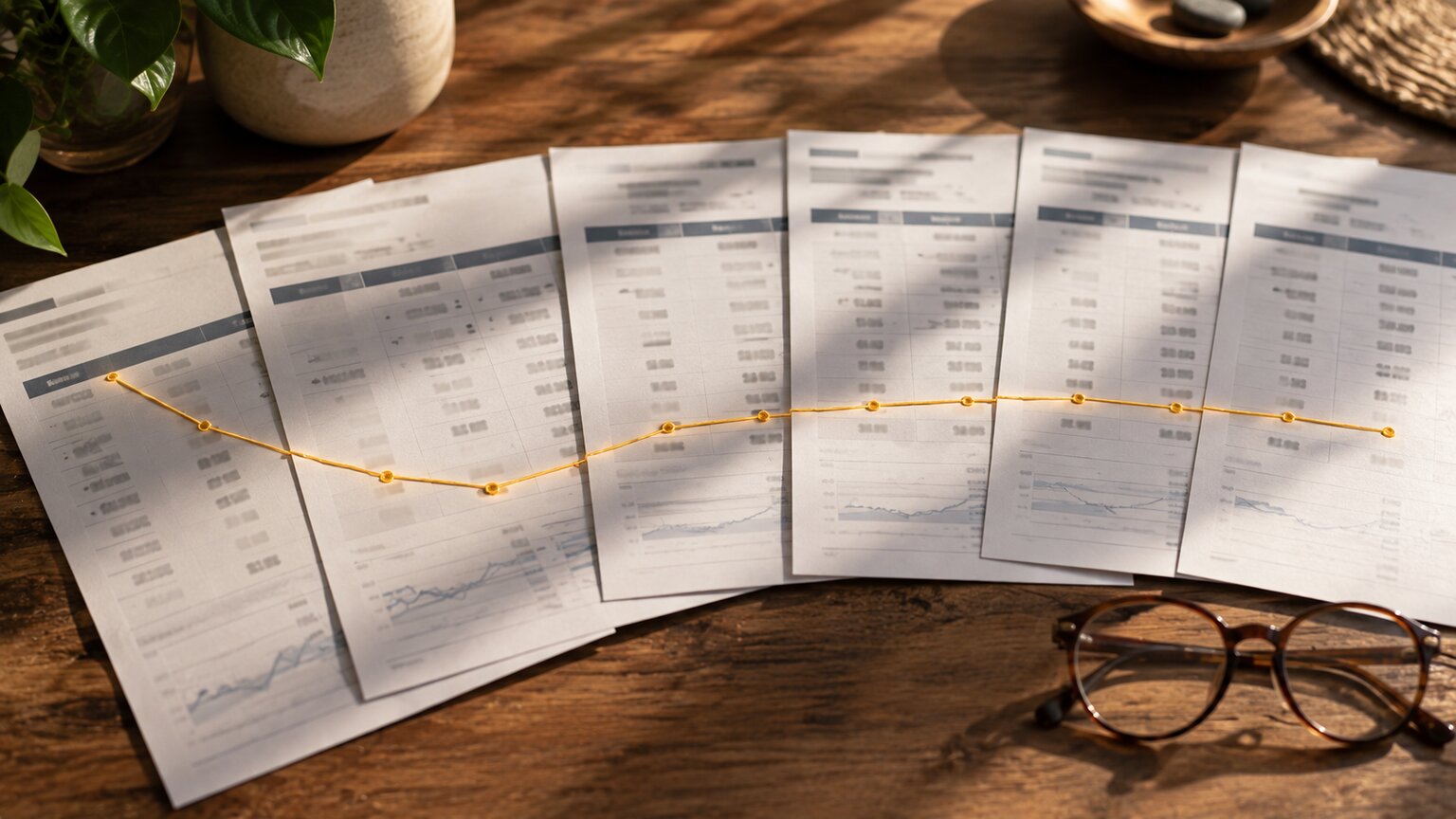 Several years of printed lab reports fanned out on a table showing a CEA trend line drawn across the dated results