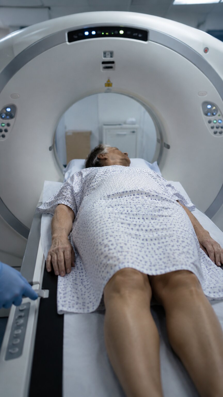 Patient lying on a PET-CT scanner bed about to move into the imaging machine for a follow-up cancer surveillance scan