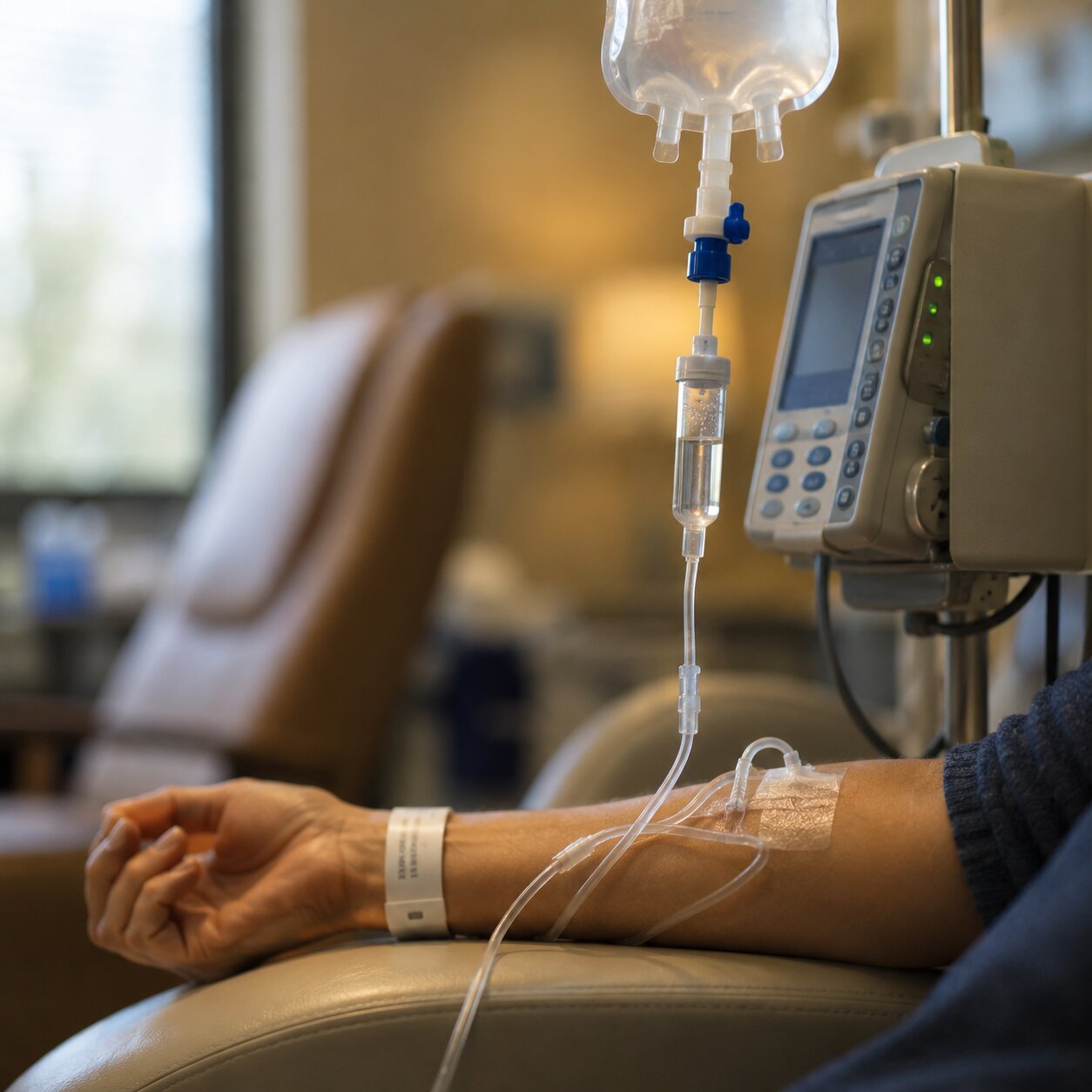 Close-up of a chemotherapy IV drip line and infusion pump during a treatment session in an oncology clinic