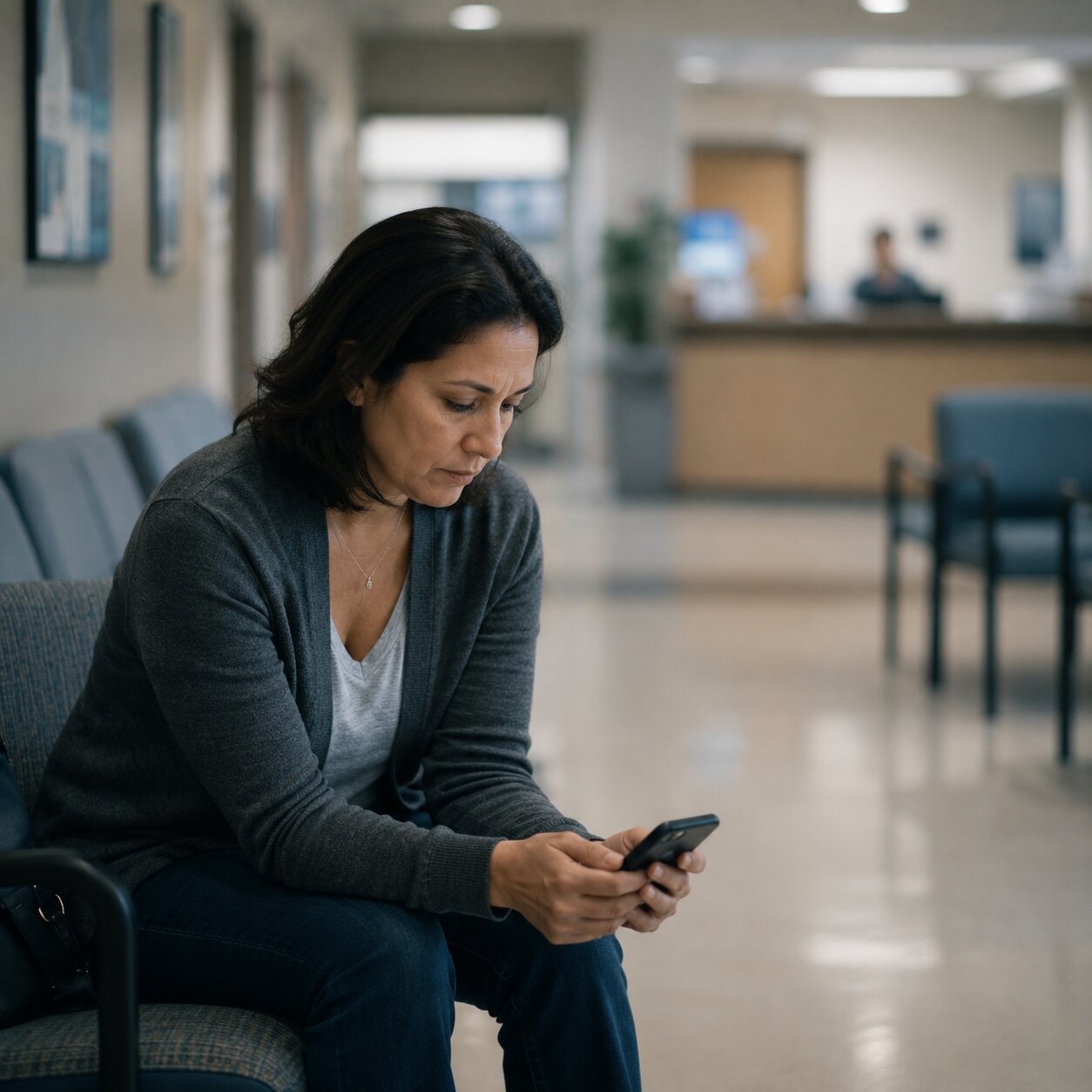 Person sitting quietly in a waiting room holding a phone, visibly anxious while waiting for lab results
