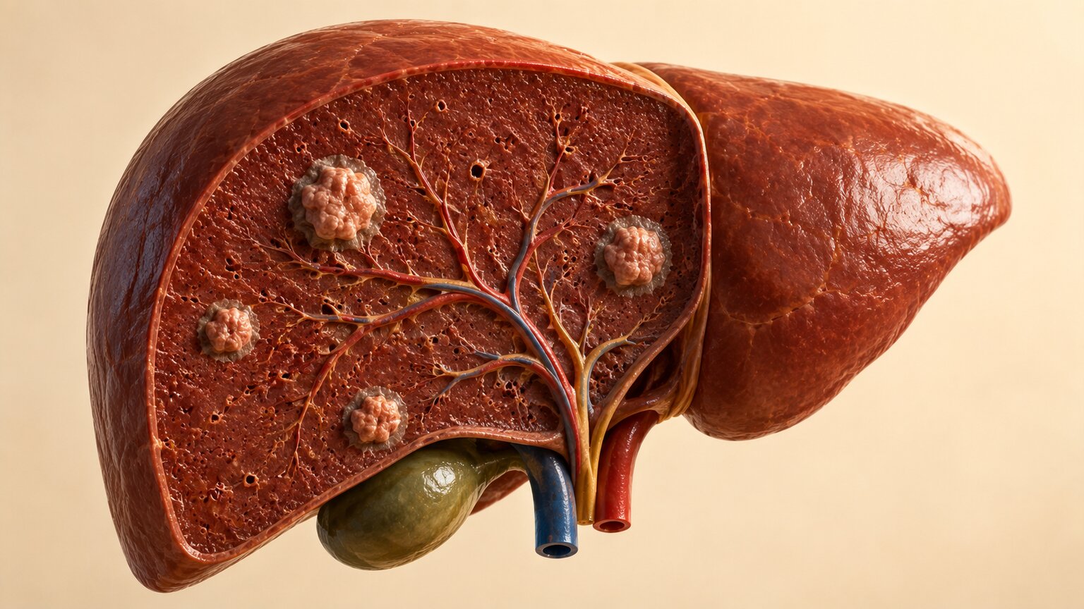 Scientific illustration of a liver cross-section showing several small tumor deposits from colorectal cancer metastasis