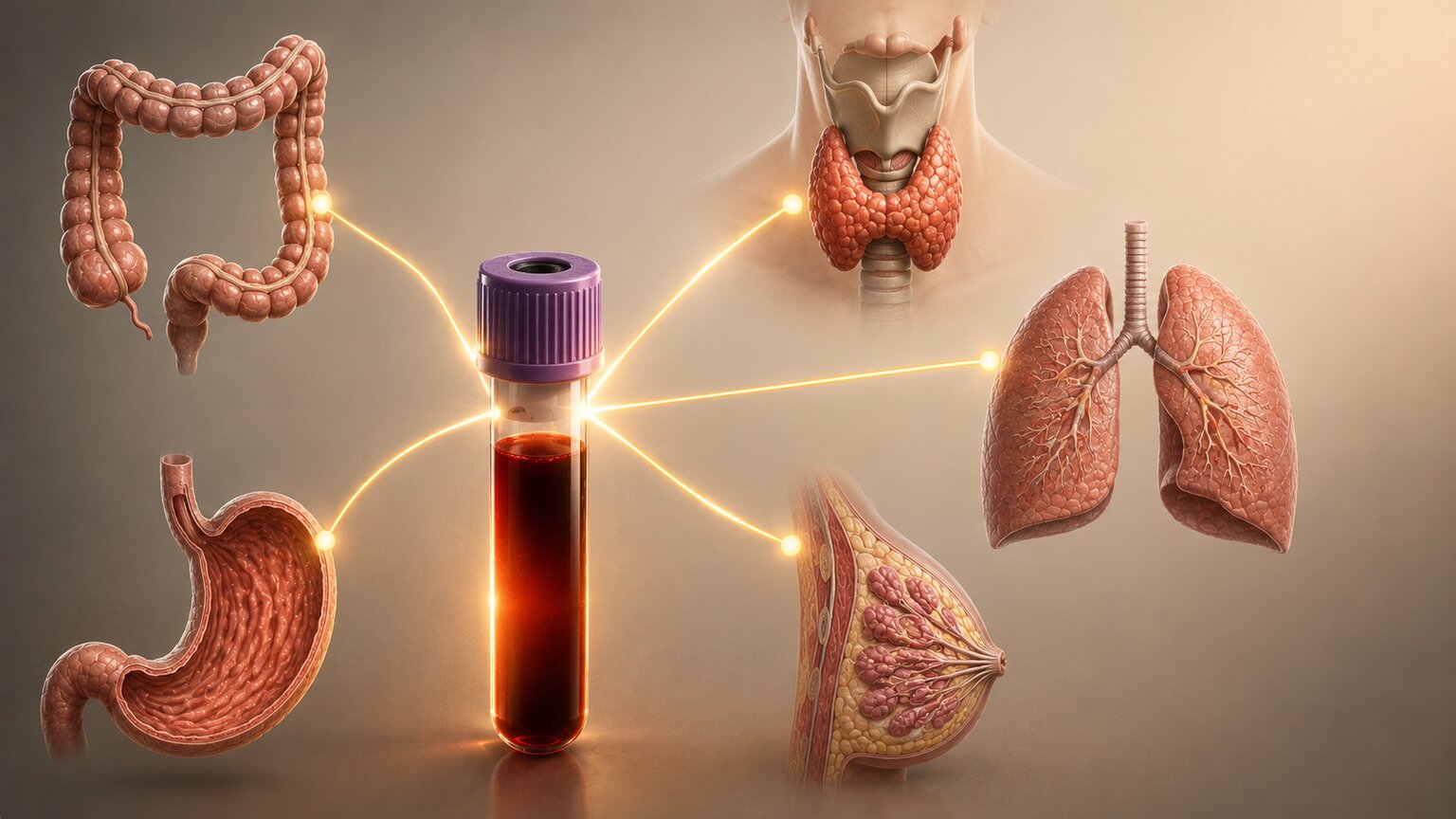 Scientific illustration of a single blood sample vial connected by glowing lines to icons of the colon, thyroid, lung, breast, and stomach