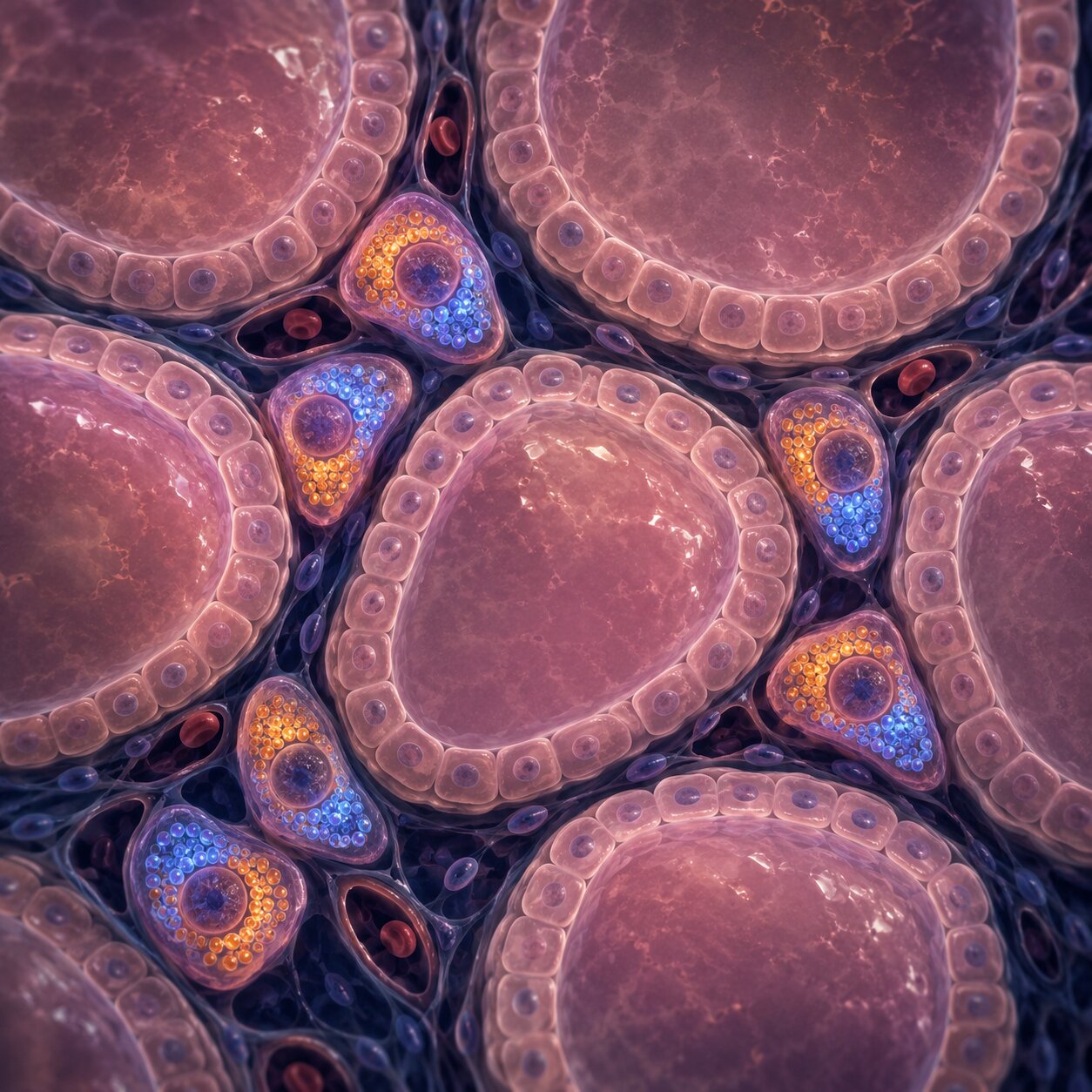 Microscopic scientific illustration of thyroid parafollicular C-cells that produce both calcitonin and CEA in medullary thyroid carcinoma