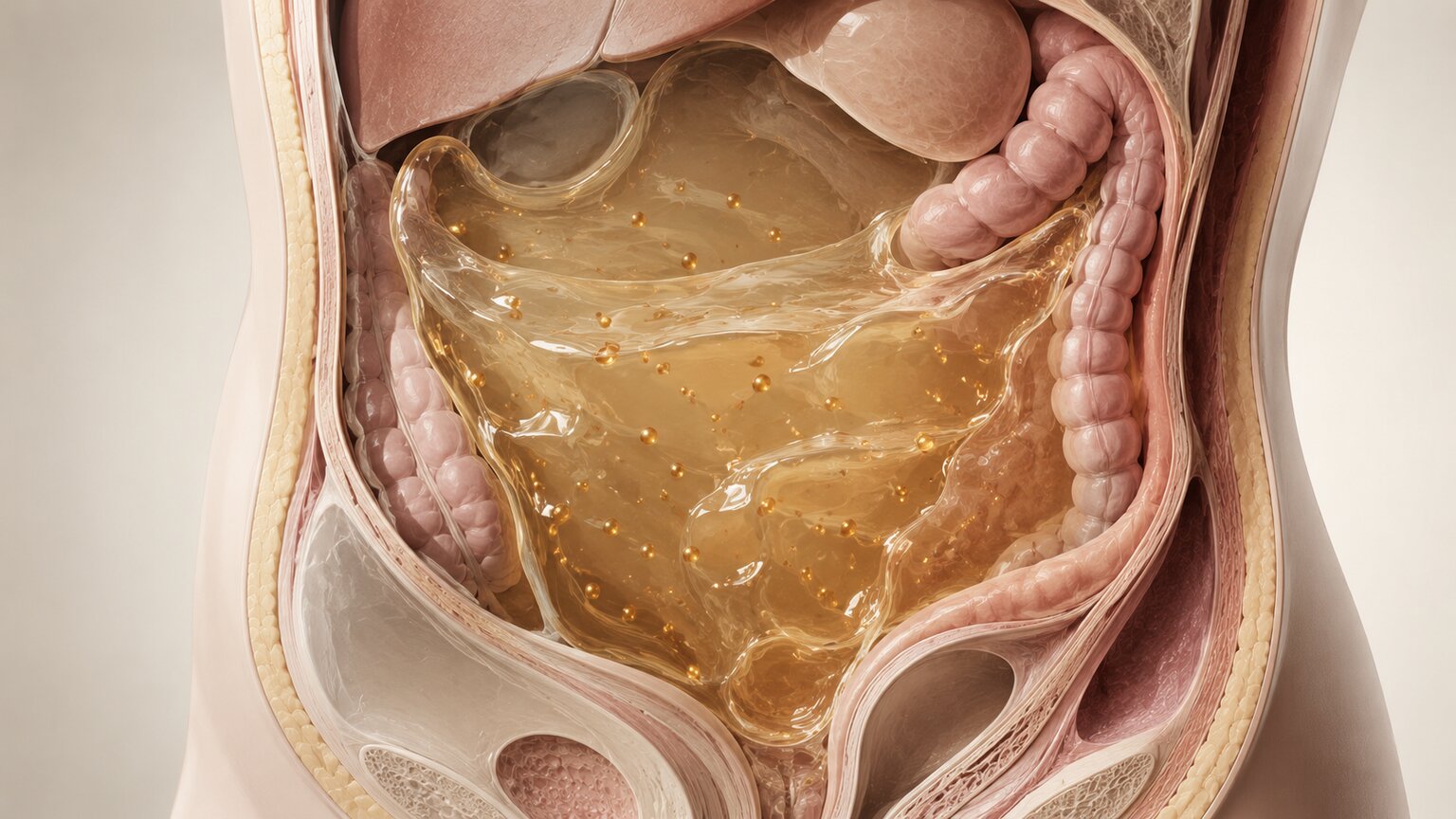 Scientific cross-section illustration of gelatinous mucinous fluid accumulating within the peritoneal abdominal cavity