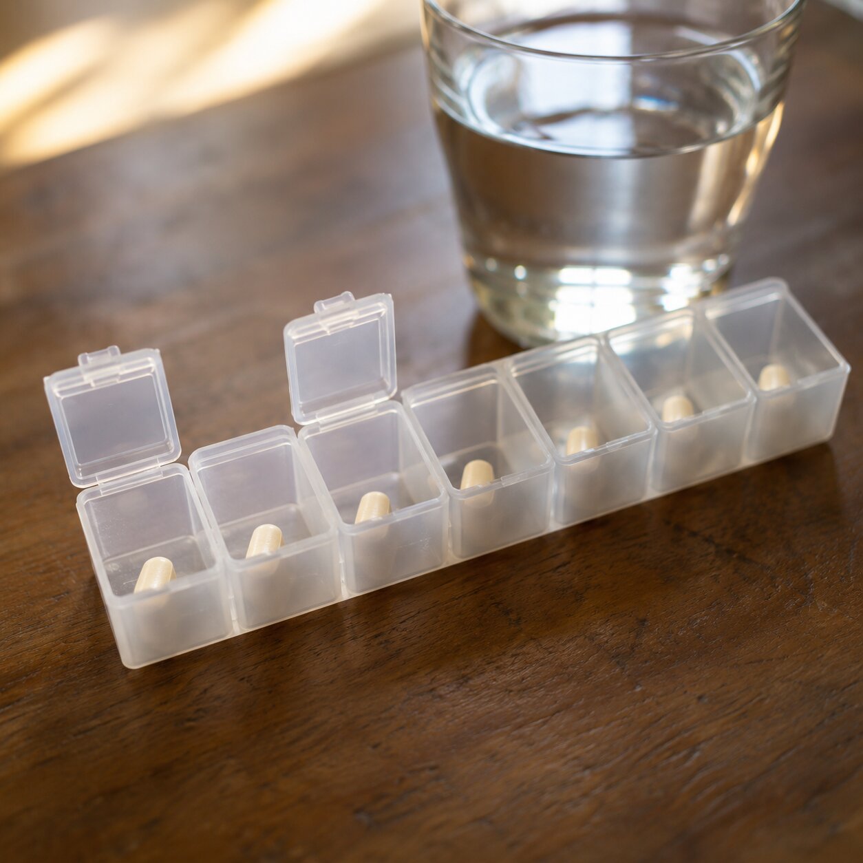 Weekly pill organizer holding daily oral targeted therapy tablets used to treat lung adenocarcinoma